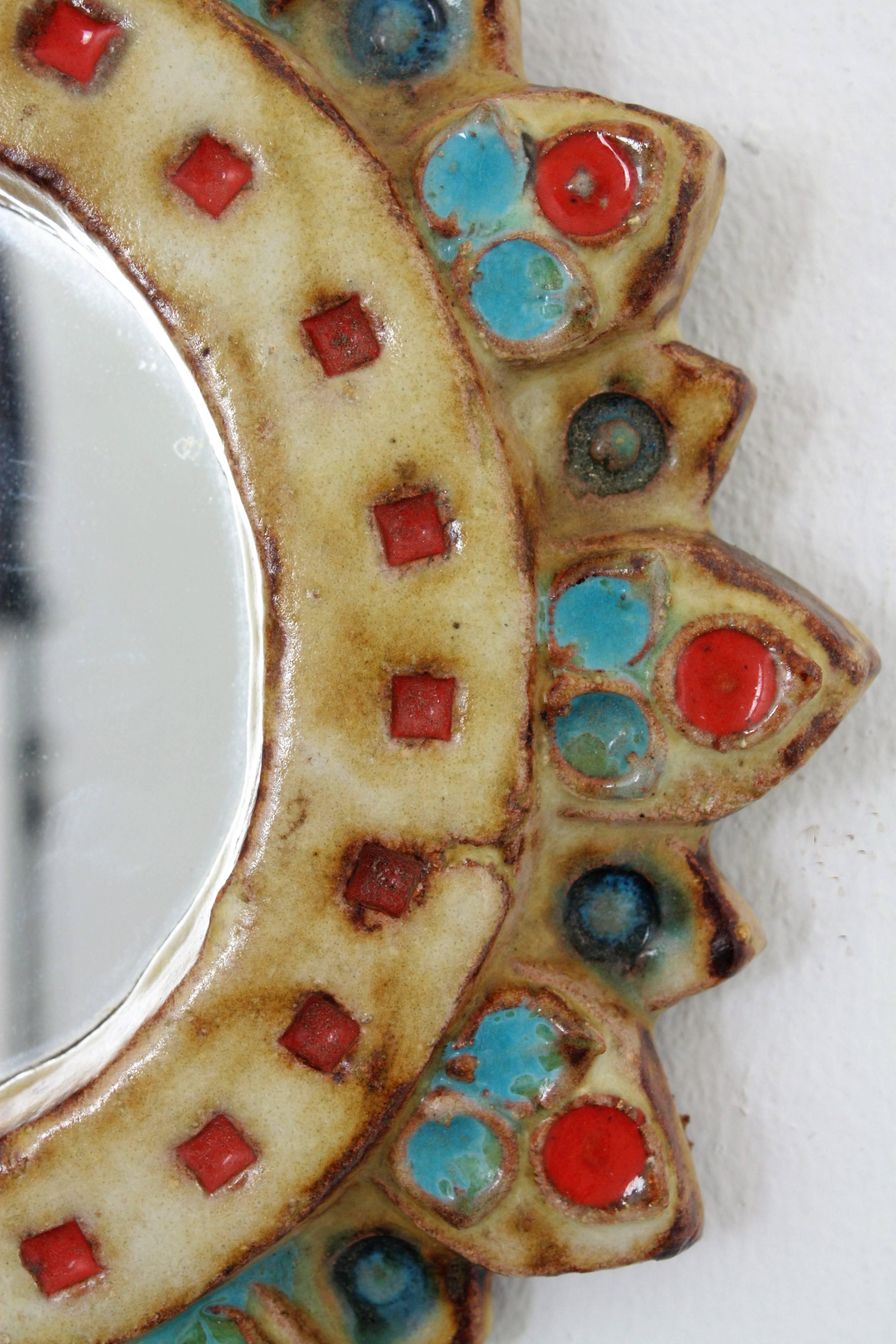 Glazed La Roue Vallauris Ceramic Sunburst Mirror in the Manner of Georges Pelletier