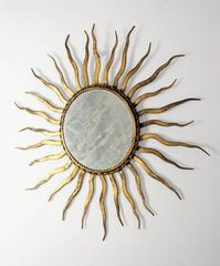 French 1950s Wrought Gilt Iron Sunburst Mirror in the Style of Gilbert Poillerat