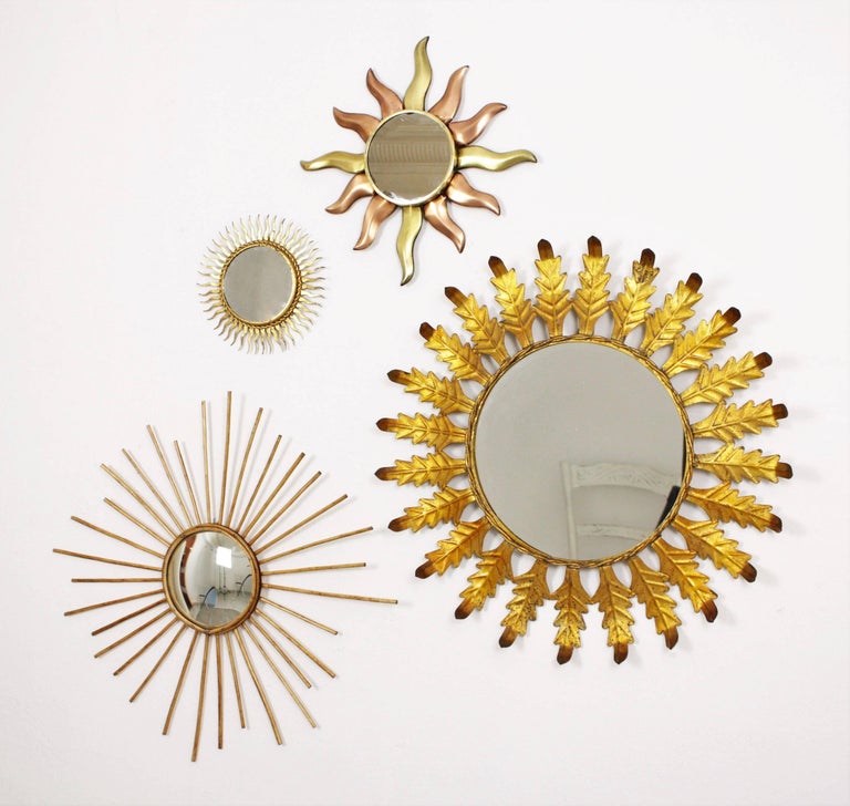20th Century Gilt Iron Copper Rattan Sunburst Mirrors Wall A Lovely Composition With Four Sunburst Mirrors In Diffe Material Chosen From Our Collection Highly