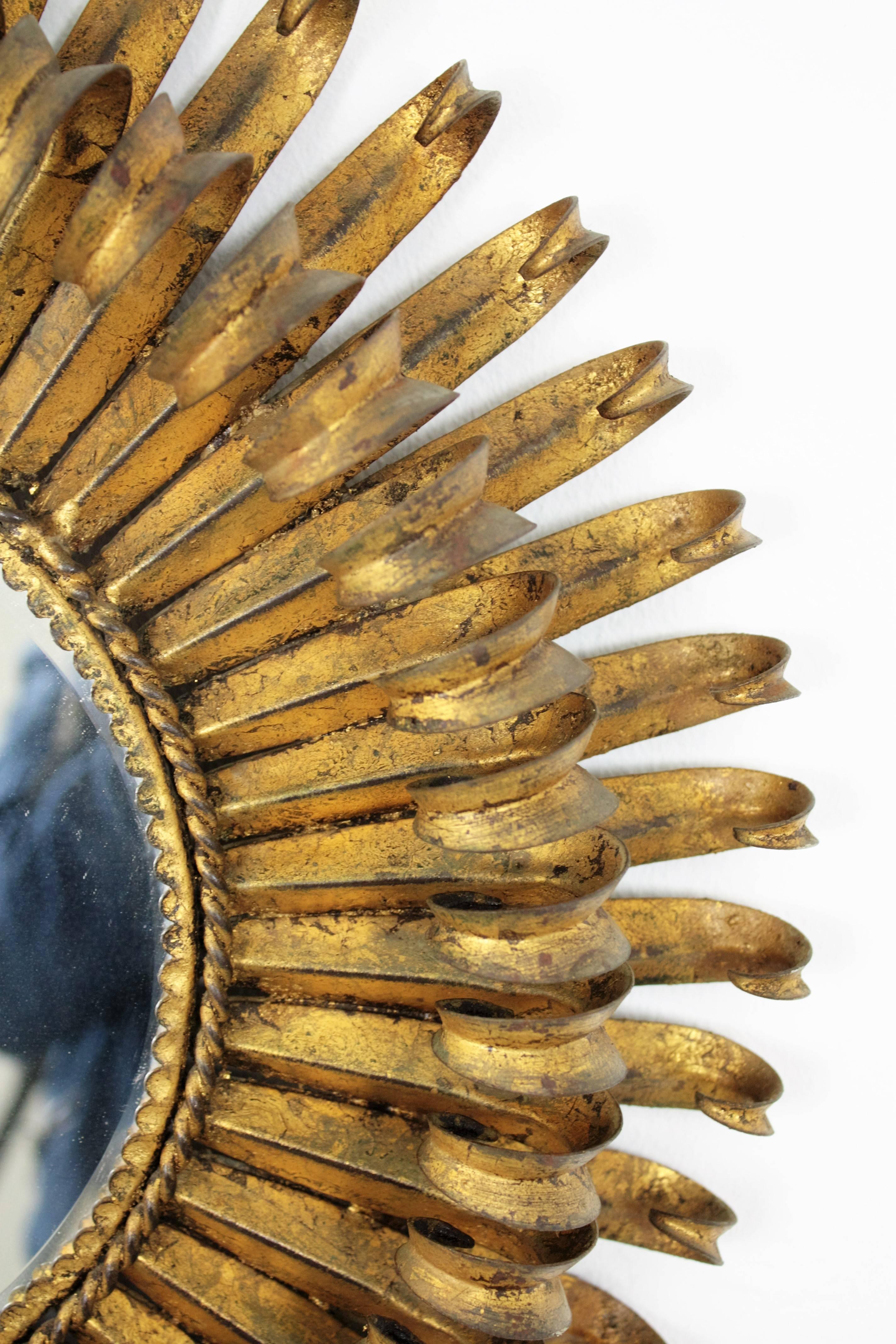 French 1950s Gilt Metal Hand-hammered Eyelash Round Sunburst Mirror 2