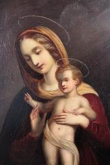 Spanish Religious Oil on Zinc Painting, Virgin and Child with Saint