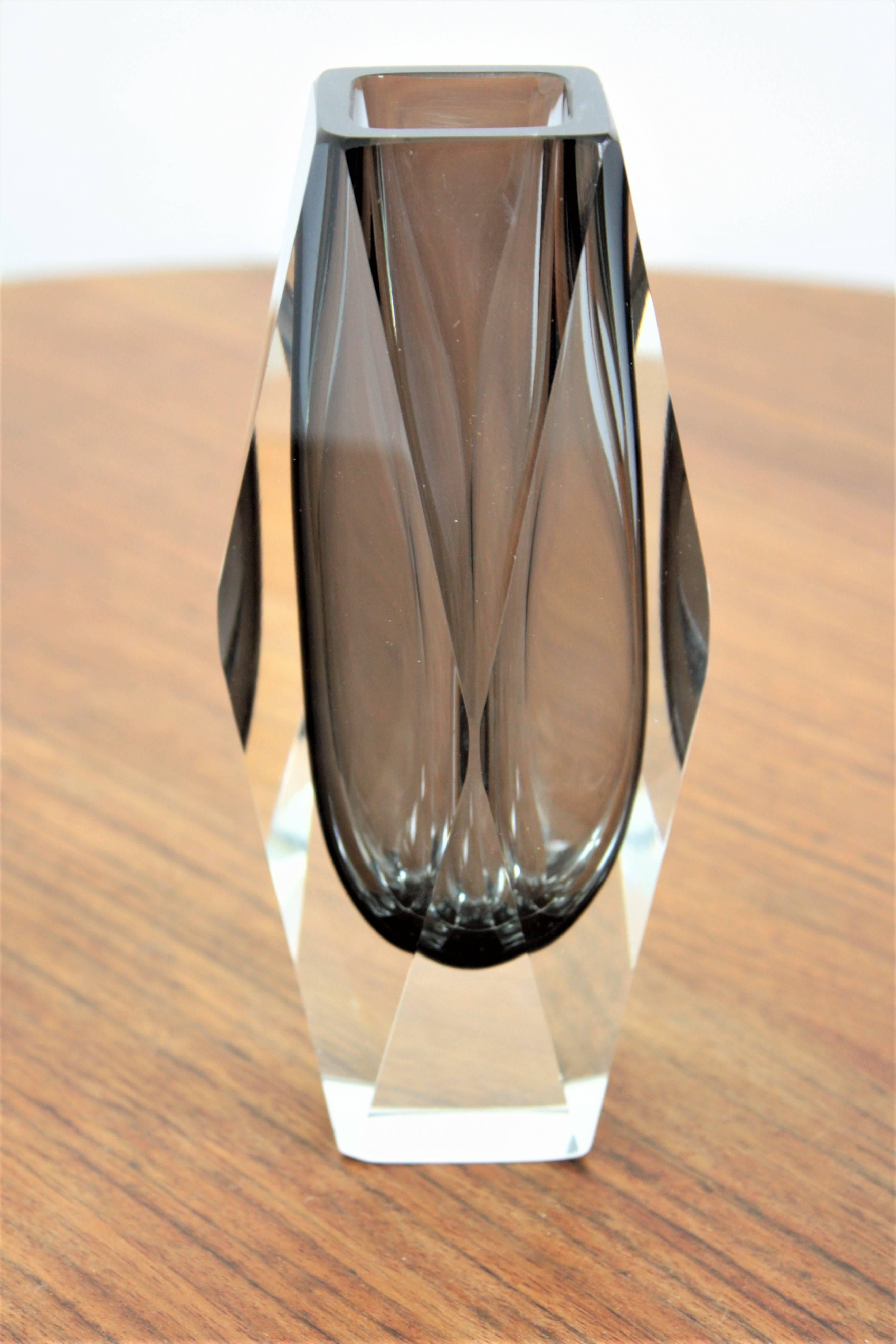 Mid-Century Modern Midcentury Mandruzzato Smoked Grey and Clear Faceted Sommerso Murano Glass Vase