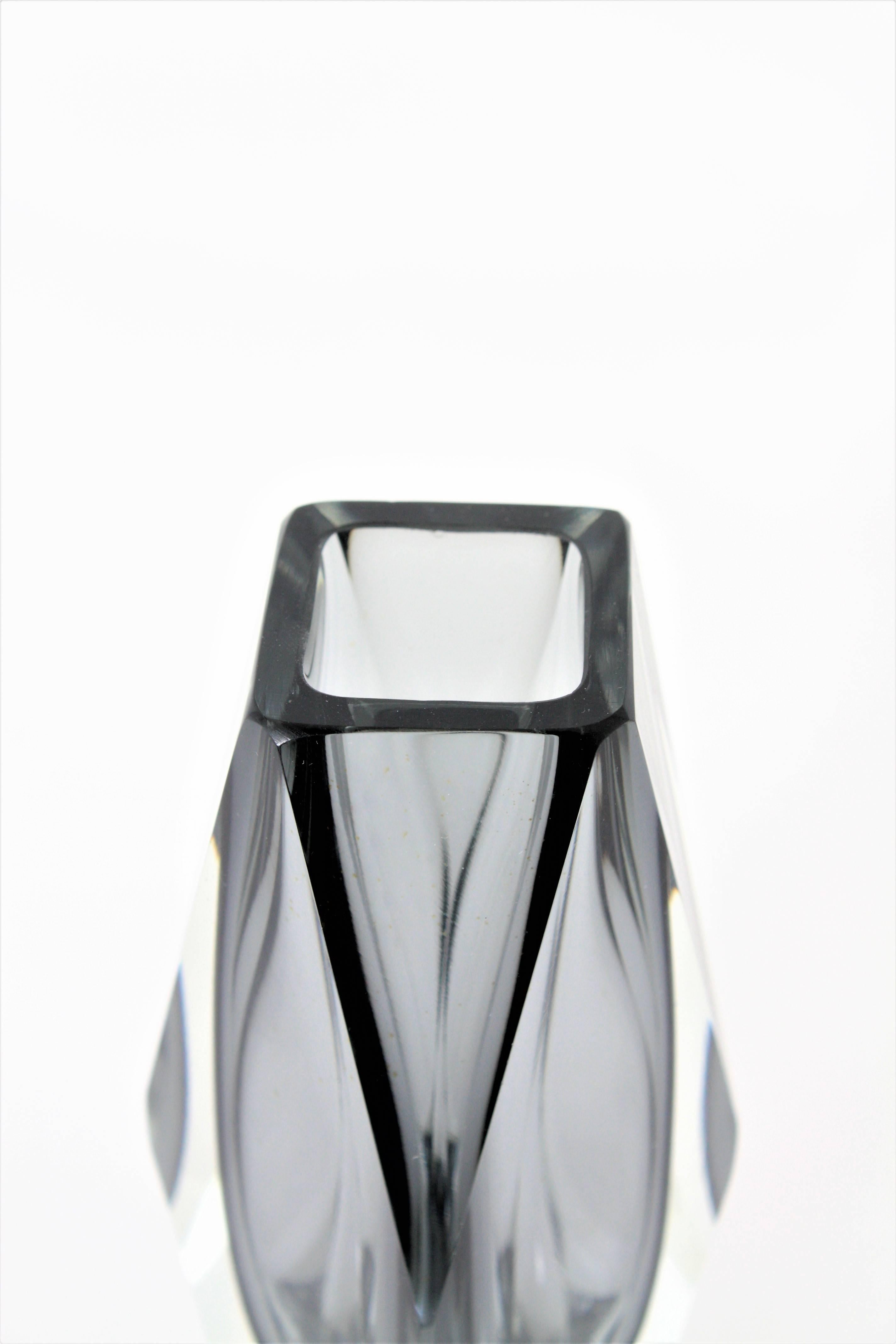 Mid-20th Century Midcentury Mandruzzato Smoked Grey and Clear Faceted Sommerso Murano Glass Vase