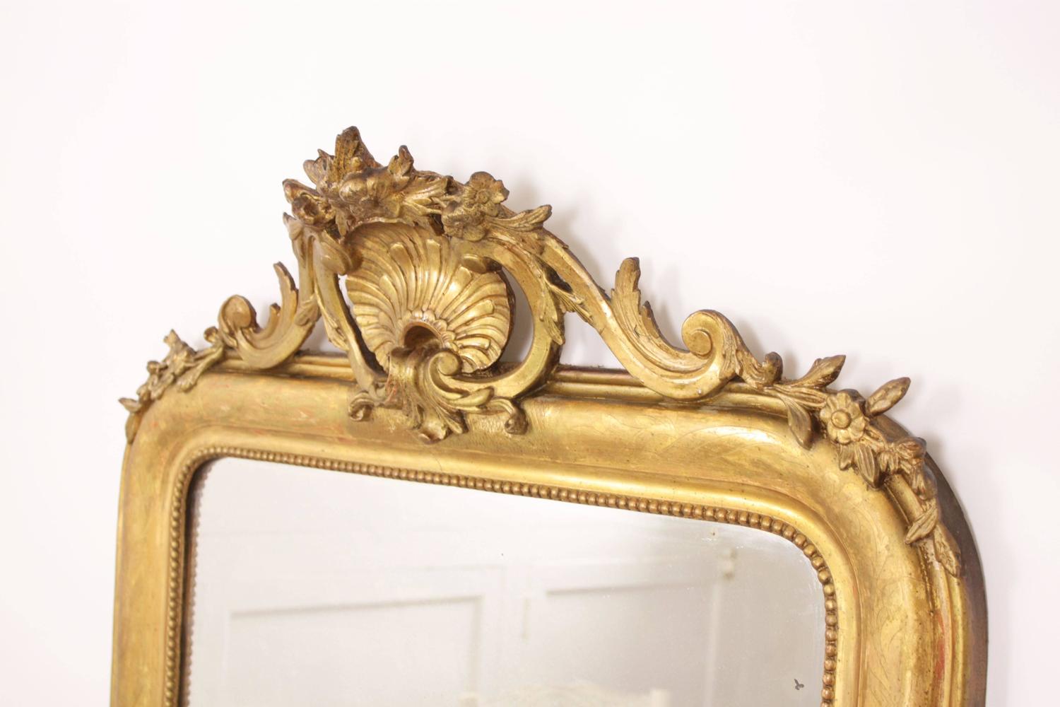 Antique French 19th Century Louis Philippe Gold Leaf Giltwood Coquille Mirror For Sale at 1stdibs