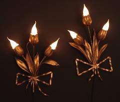 Pair of 1930s Art Nouveau Style Spanish Gilt Iron Flowers Bouquet Wall Sconces