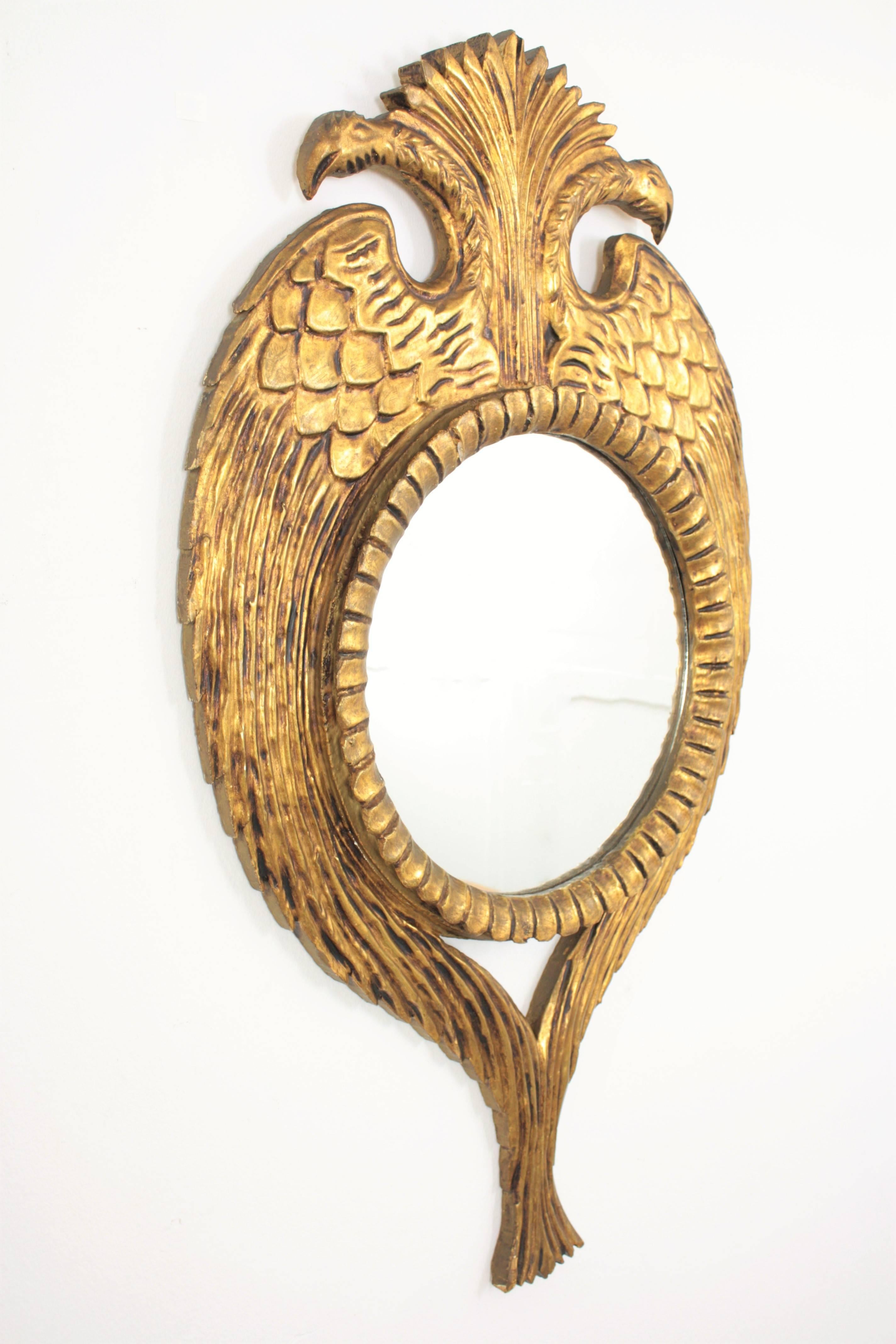 Spanish Unique Hollywood Regency Carved Giltwood Bird Mirror, Spain, 1960s