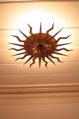 Large Brutalist Hand-Hammered Gilt Iron Starburst Light Fixture, Spain, 1950s