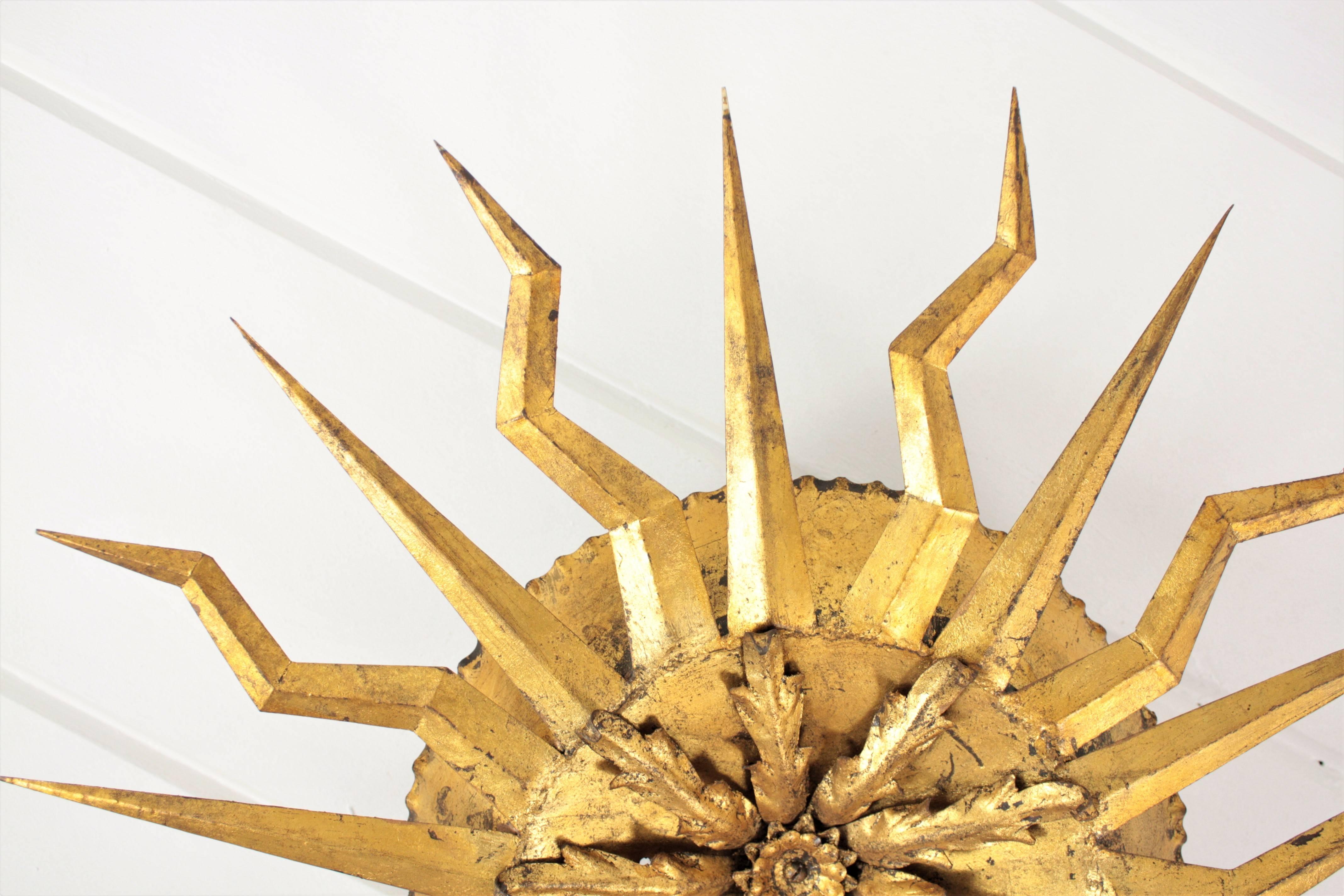 Gold Leaf Large Brutalist Hand-Hammered Gilt Iron Starburst Light Fixture, Spain, 1950s