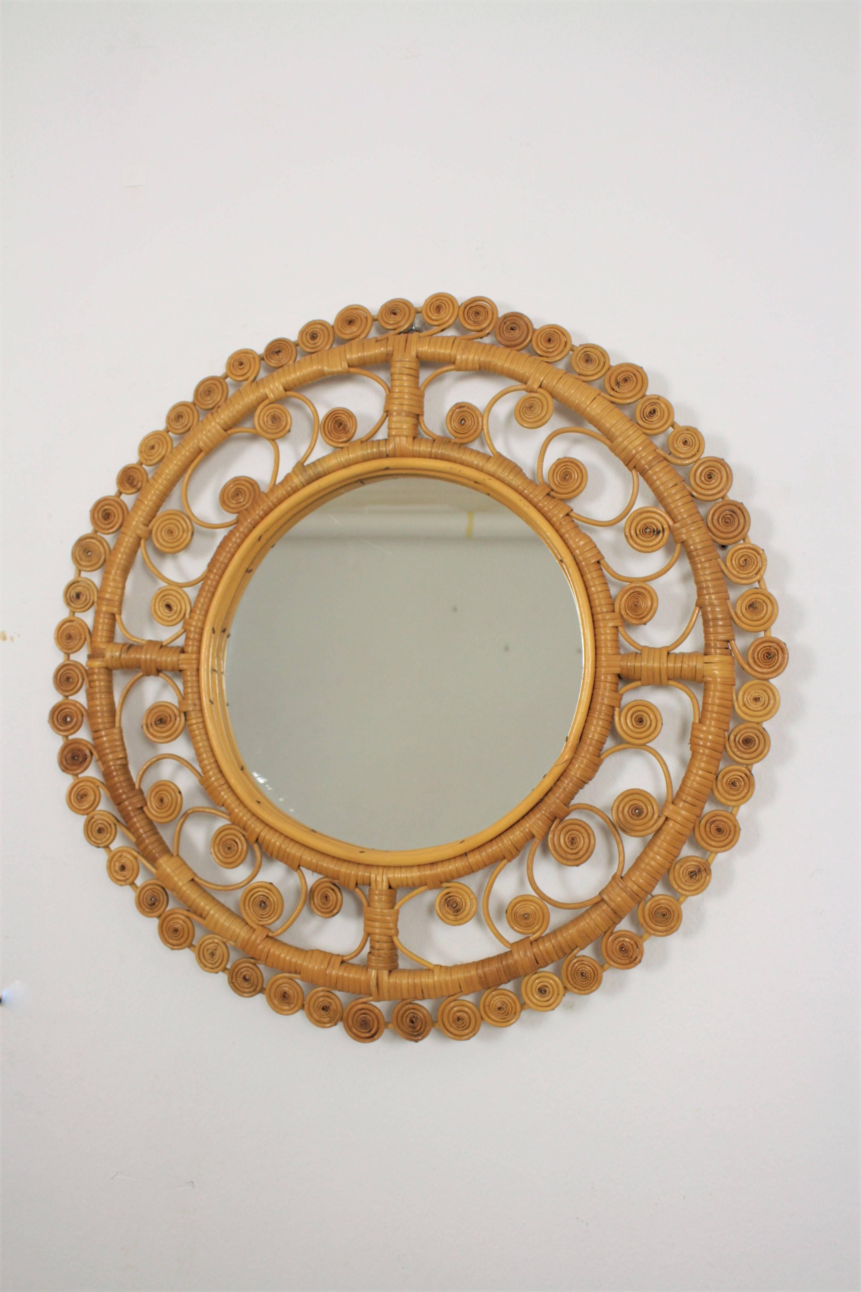 Spanish Filigree Wicker and Bamboo Circular Mirror, 1960s 2