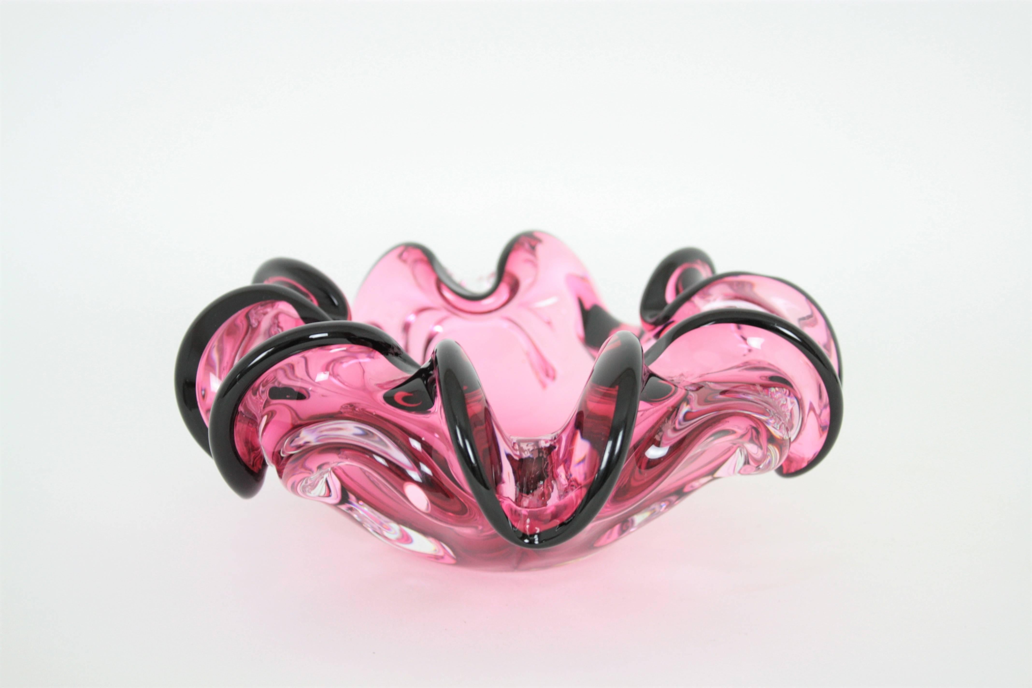 Italian Giant Handblown Pink and Black Sommero Murano Art Glass Flower Bowl