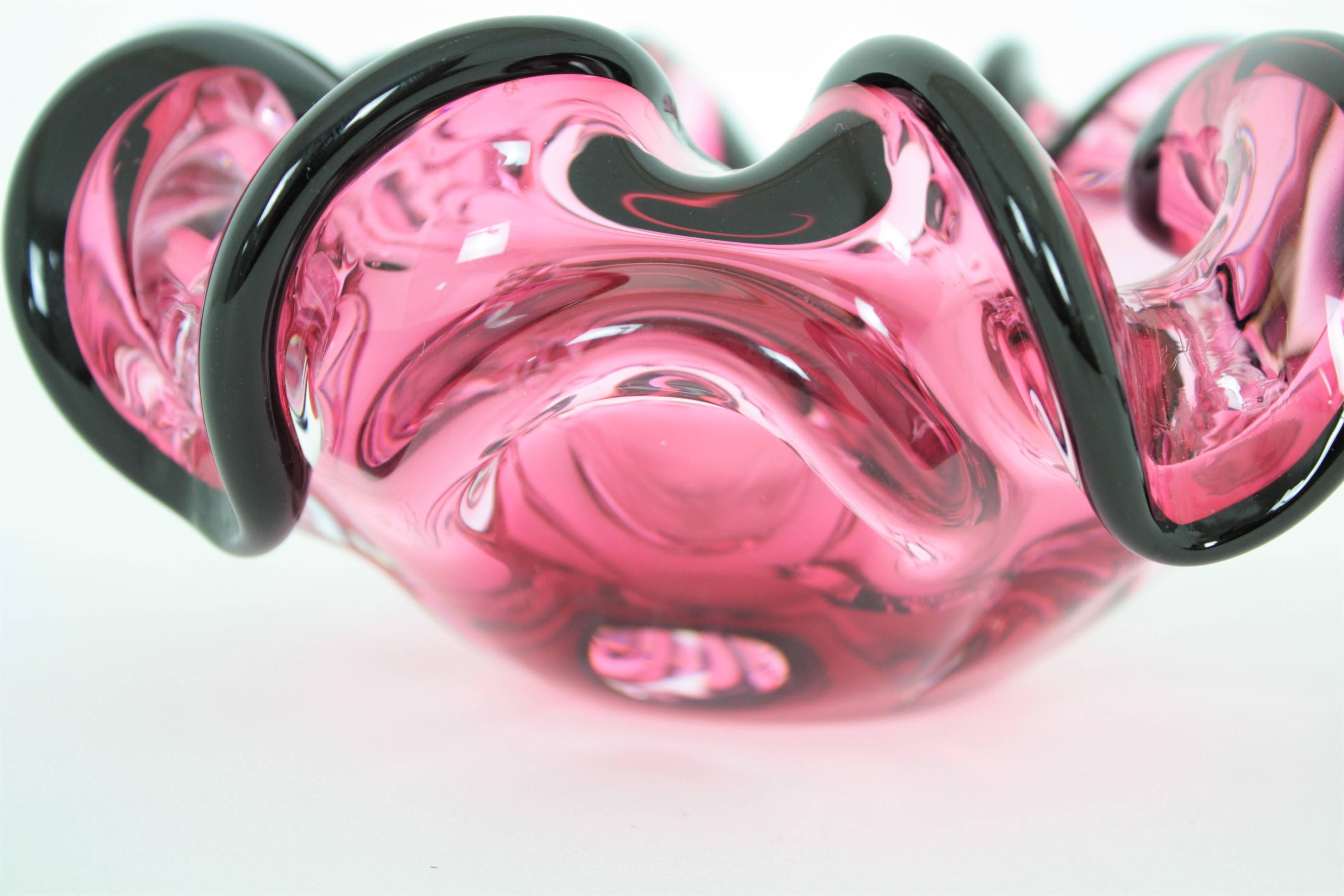 Mid-Century Modern Giant Handblown Pink and Black Sommero Murano Art Glass Flower Bowl