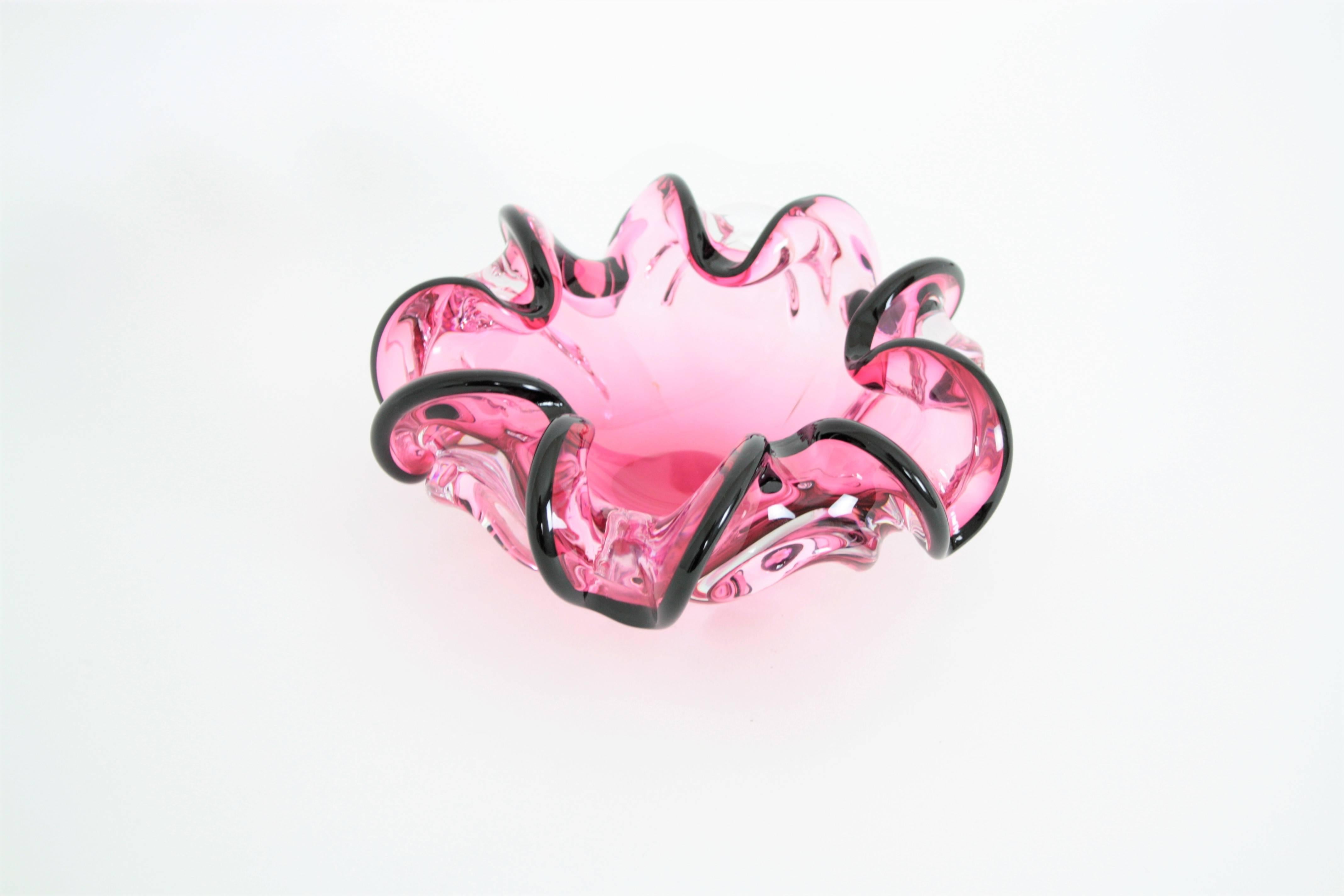 Mid-20th Century Giant Handblown Pink and Black Sommero Murano Art Glass Flower Bowl