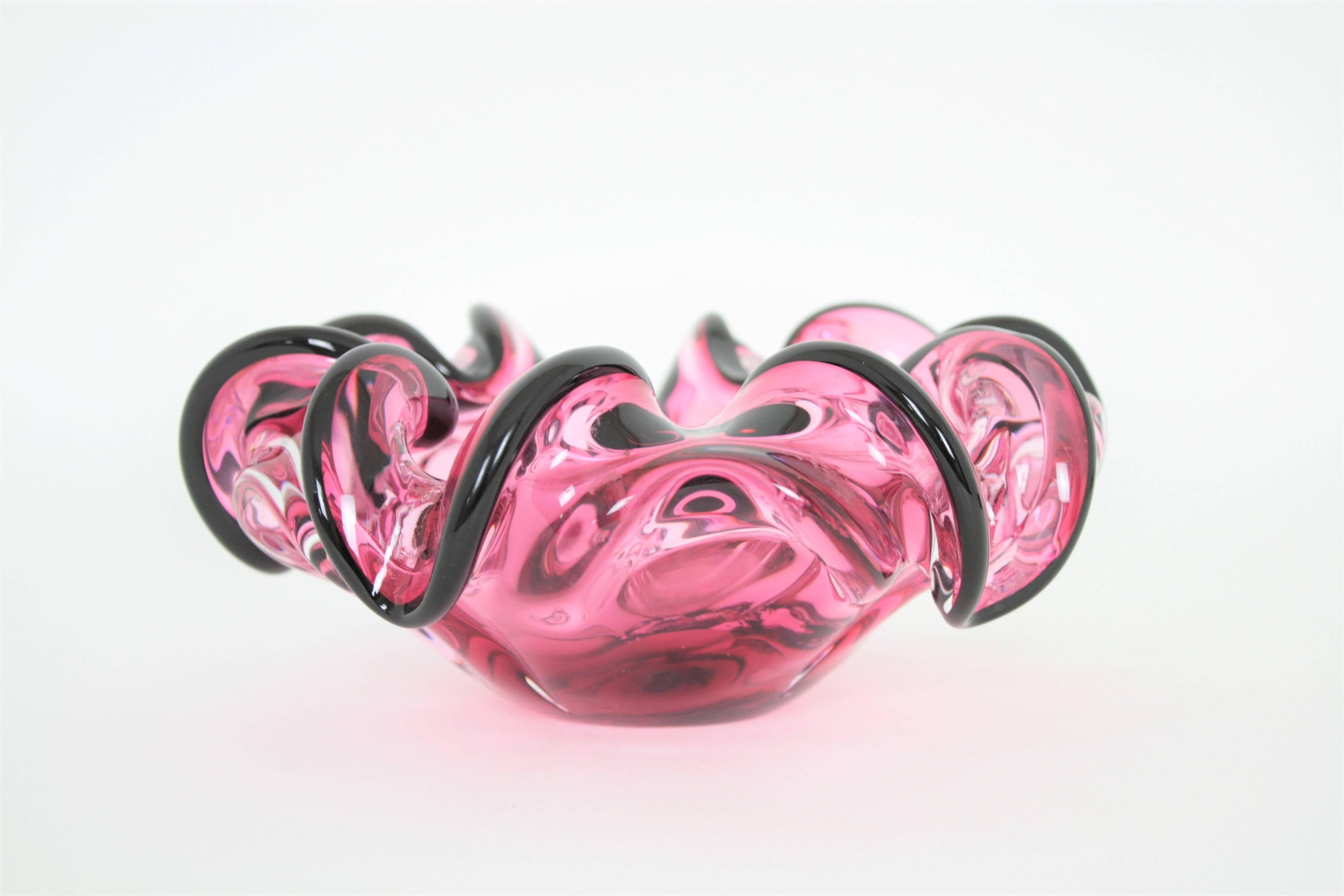 Blown Glass Giant Handblown Pink and Black Sommero Murano Art Glass Flower Bowl