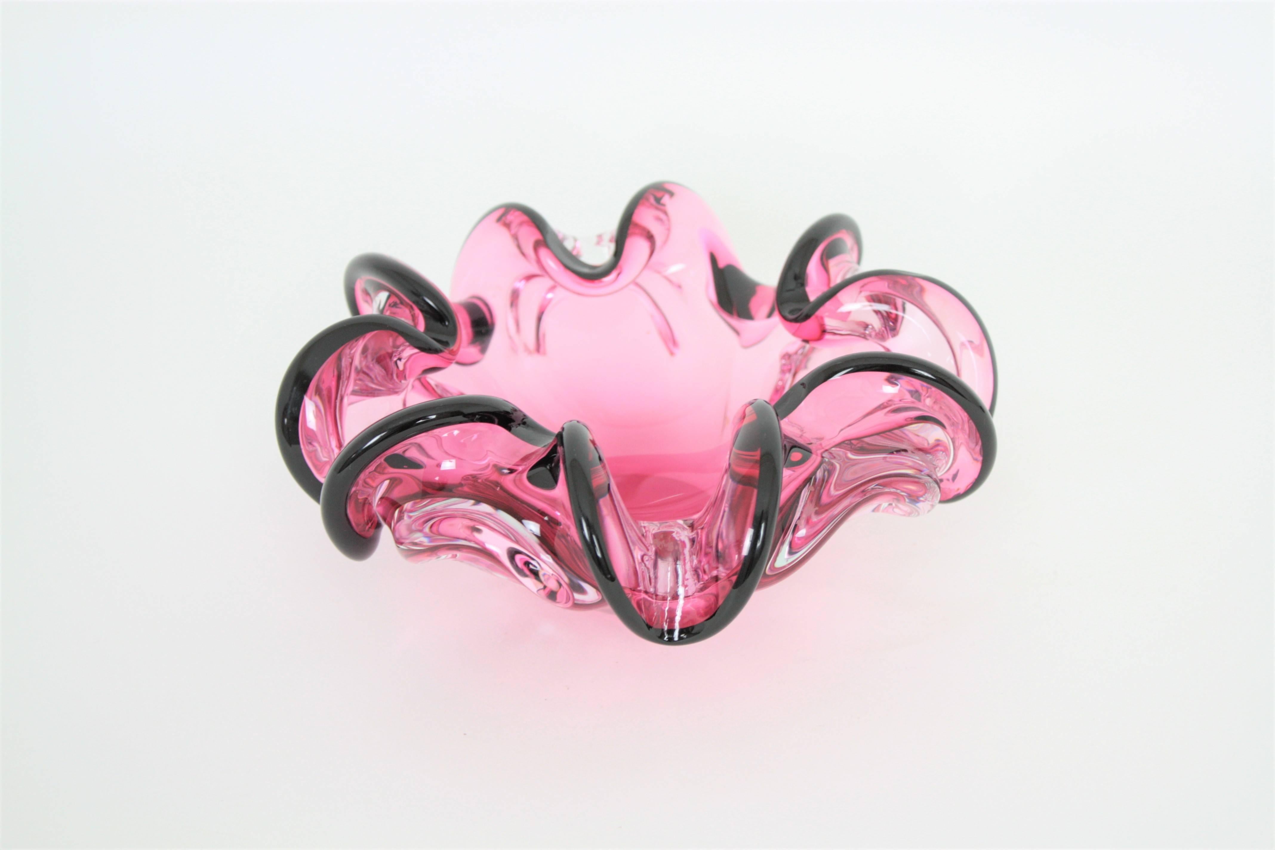 Giant Handblown Pink and Black Sommero Murano Art Glass Flower Bowl 1