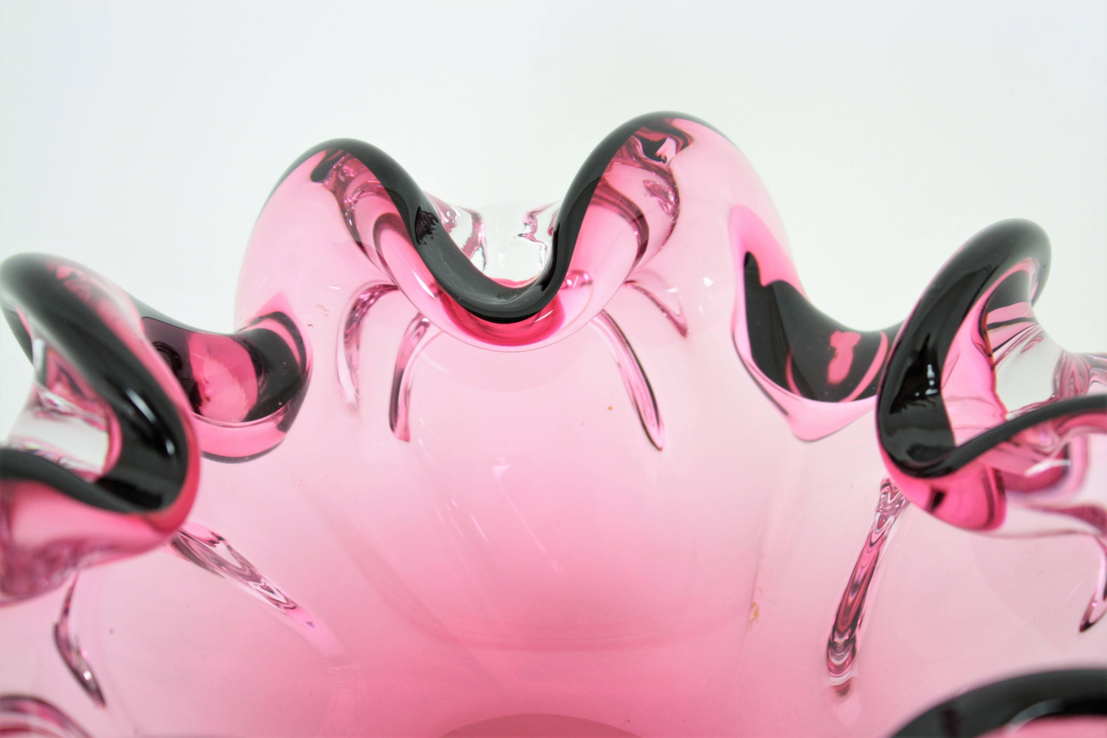Giant Handblown Pink and Black Sommero Murano Art Glass Flower Bowl In Excellent Condition In Barcelona, ES