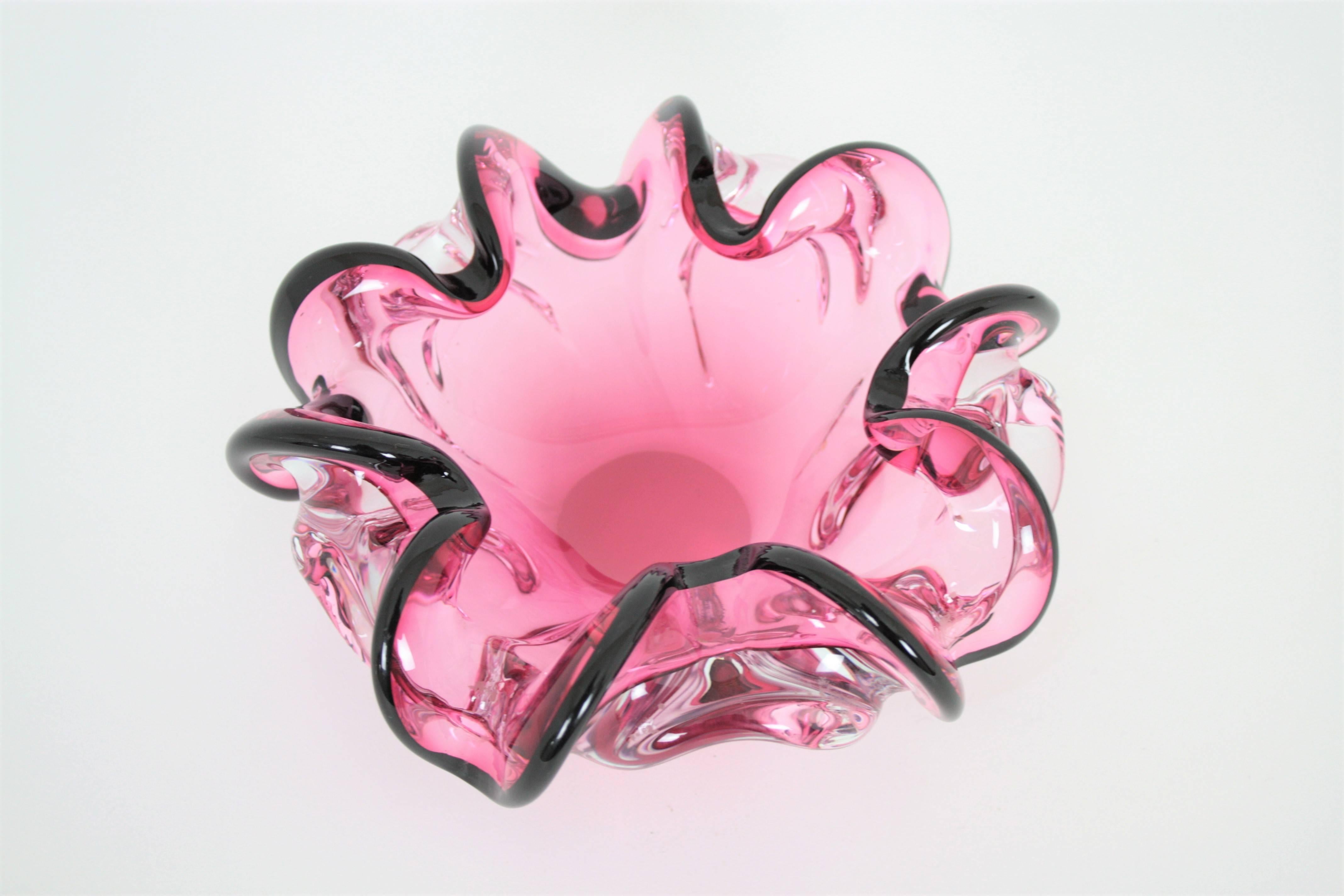Giant Handblown Pink and Black Sommero Murano Art Glass Flower Bowl 2