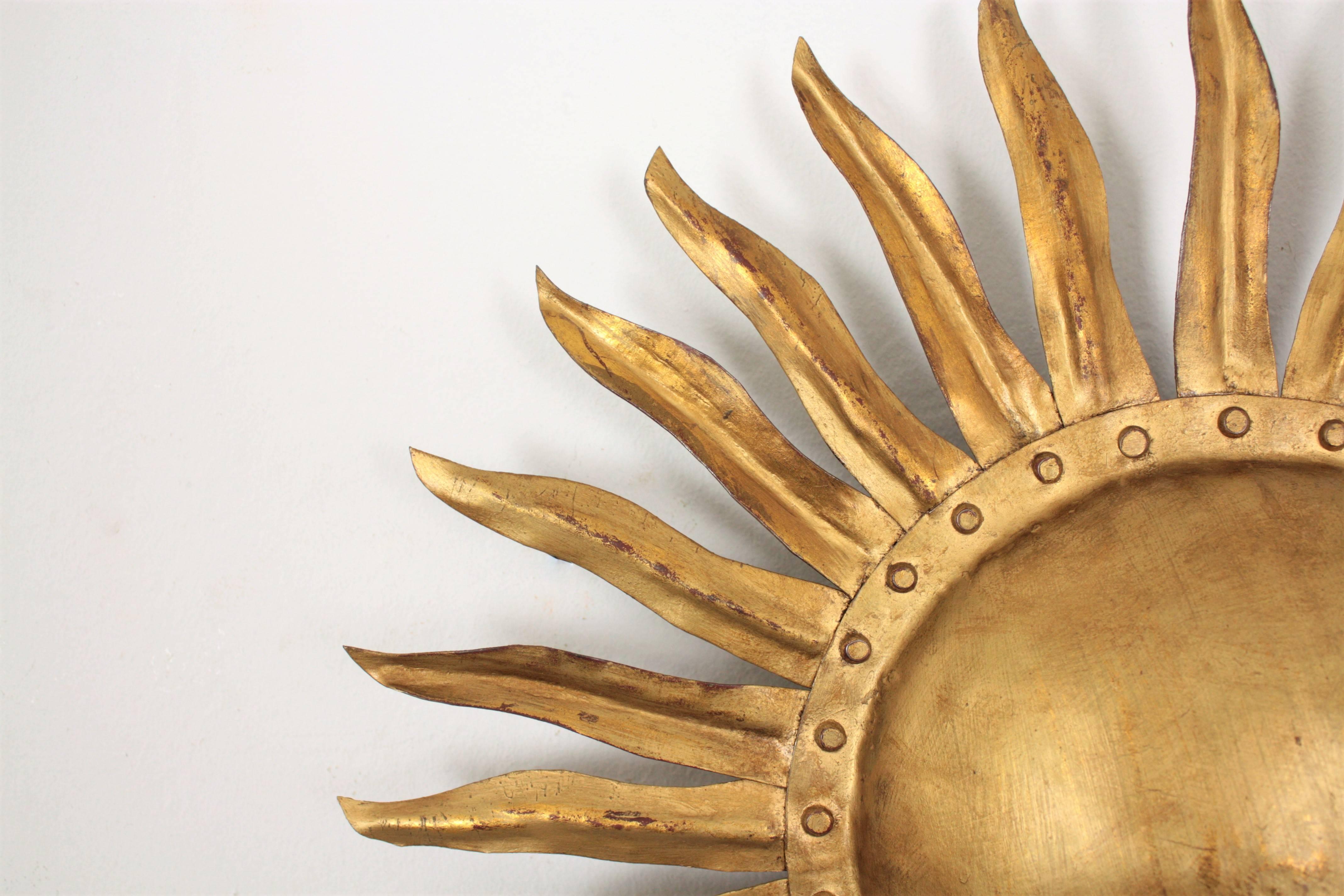 Hand-Crafted 1940s Spanish Gilt Iron Sunburst Wall Sconce or Ceiling Light Fixture