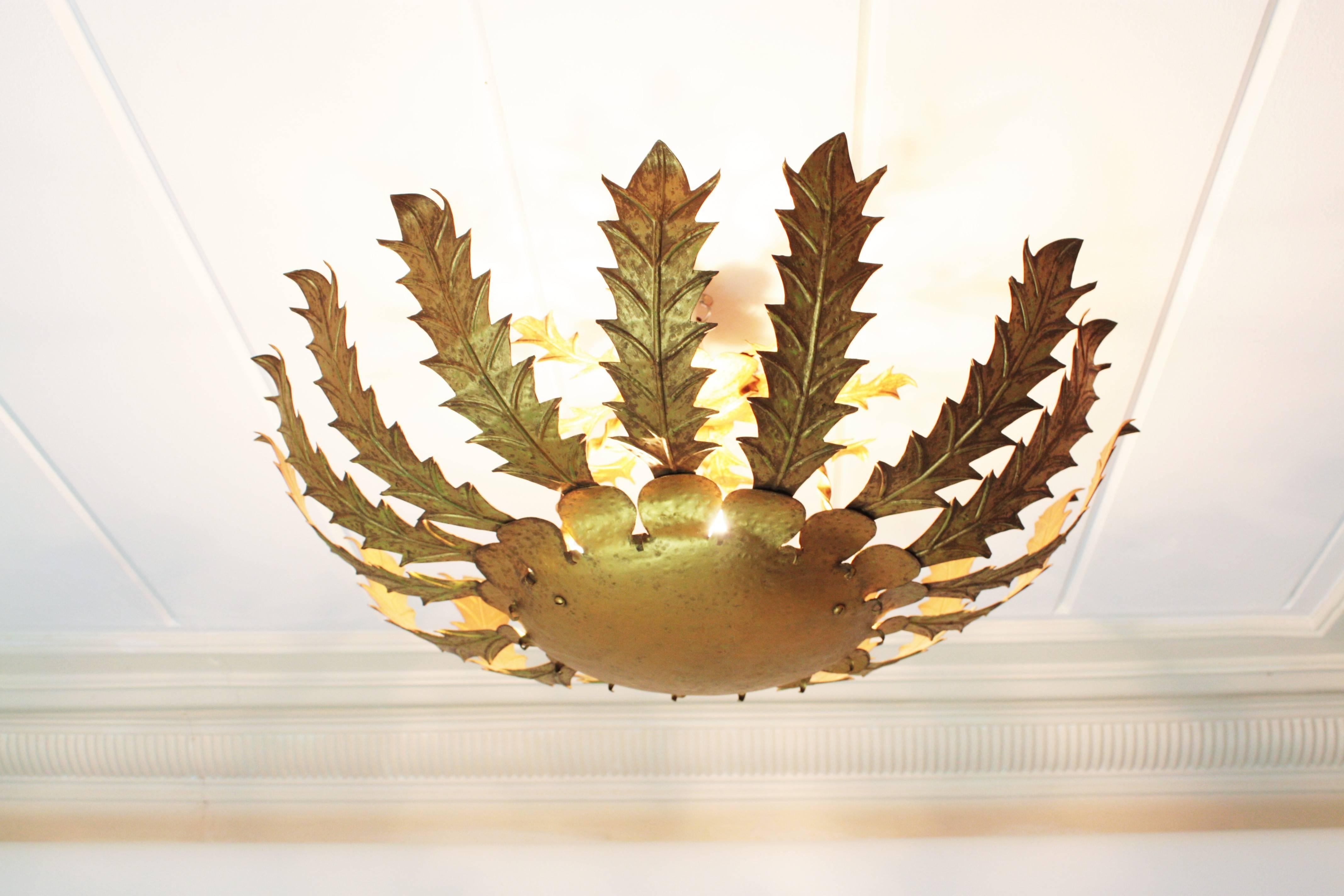 Giant Brutalist Gilt Iron Flower Burst Ceiling Light Fixture, Spain 1960s 3