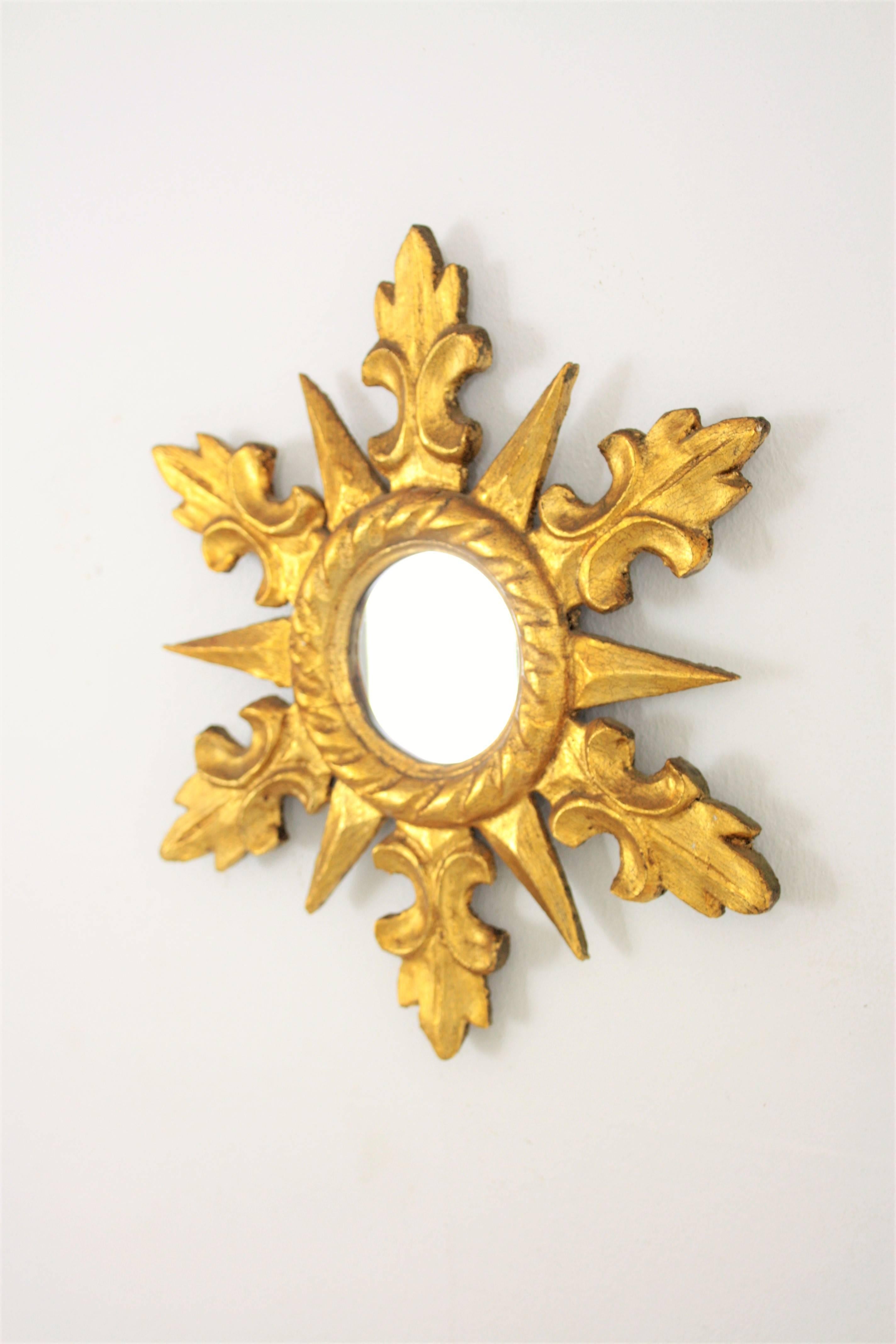 1950s Spanish Hollywood Regency Carved Giltwood Mini Sunburst Mirror 4