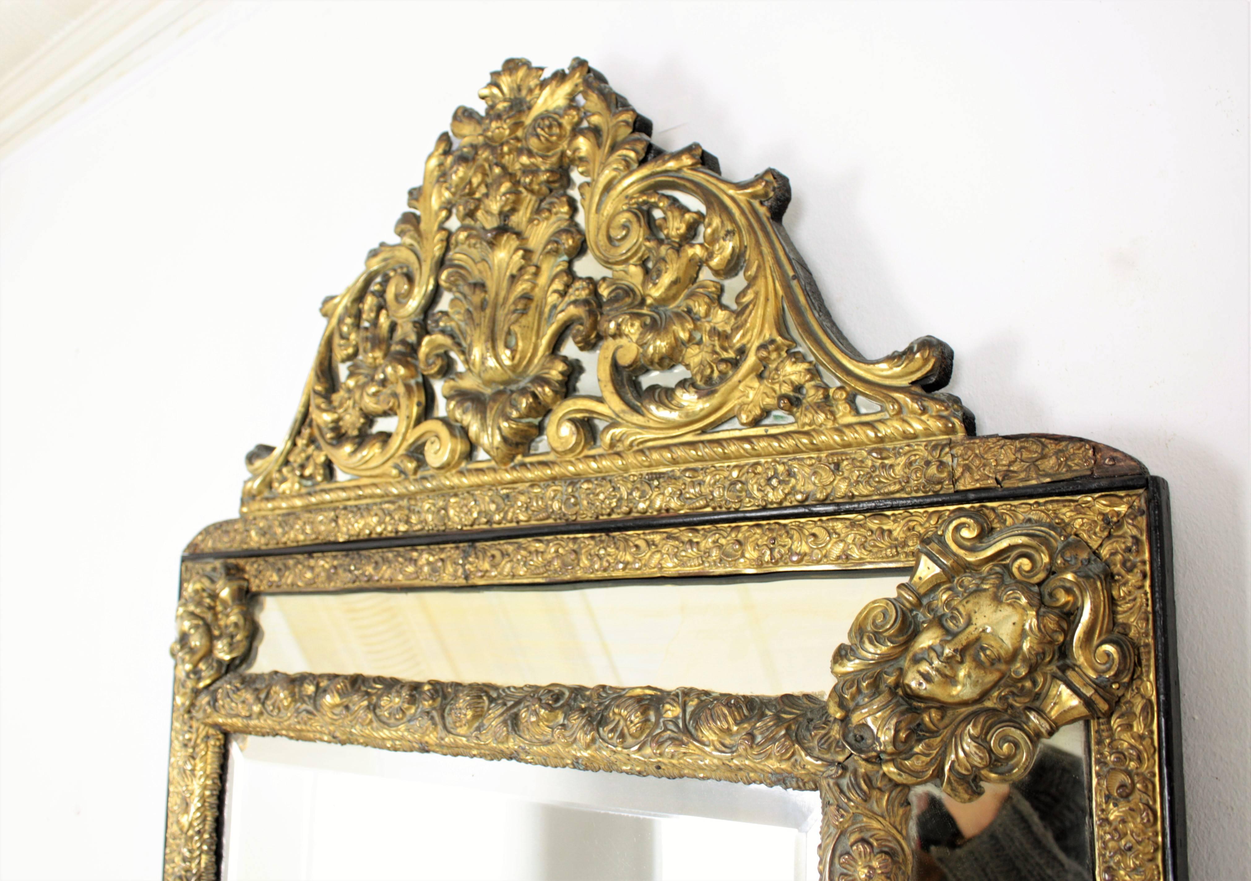 Large 19th Century French Napoleon III Brass Repousse Glass Mirror 2