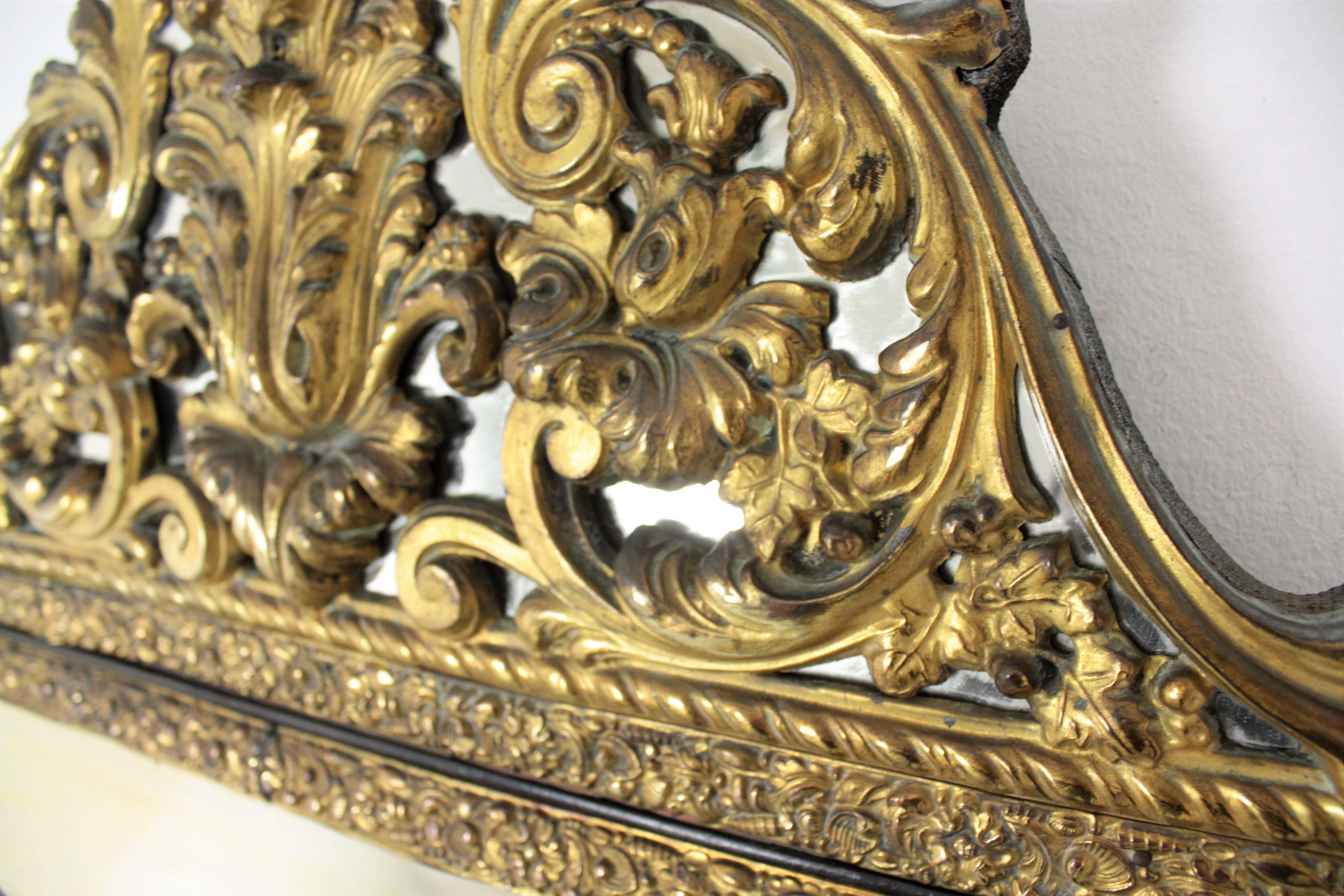 Large 19th Century French Napoleon III Brass Repousse Glass Mirror 3