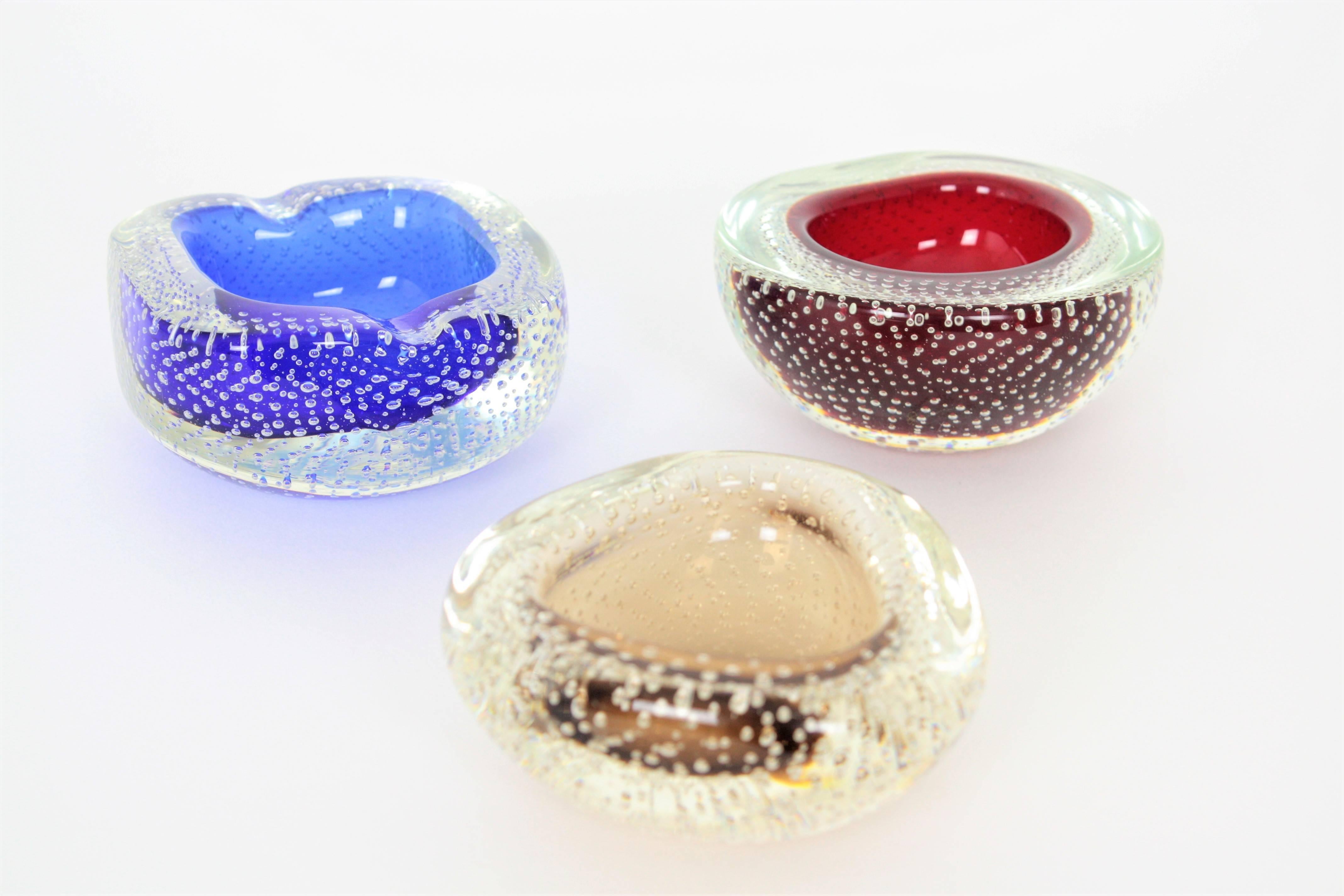 Italian Trio of Galliano Ferro Red, Blue and Toffee Bullicante Murano Geode Glass Bowls