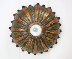 Unusual Spanish 1950s Gilt Iron and Green Sunburst Ceiling Light Fixture