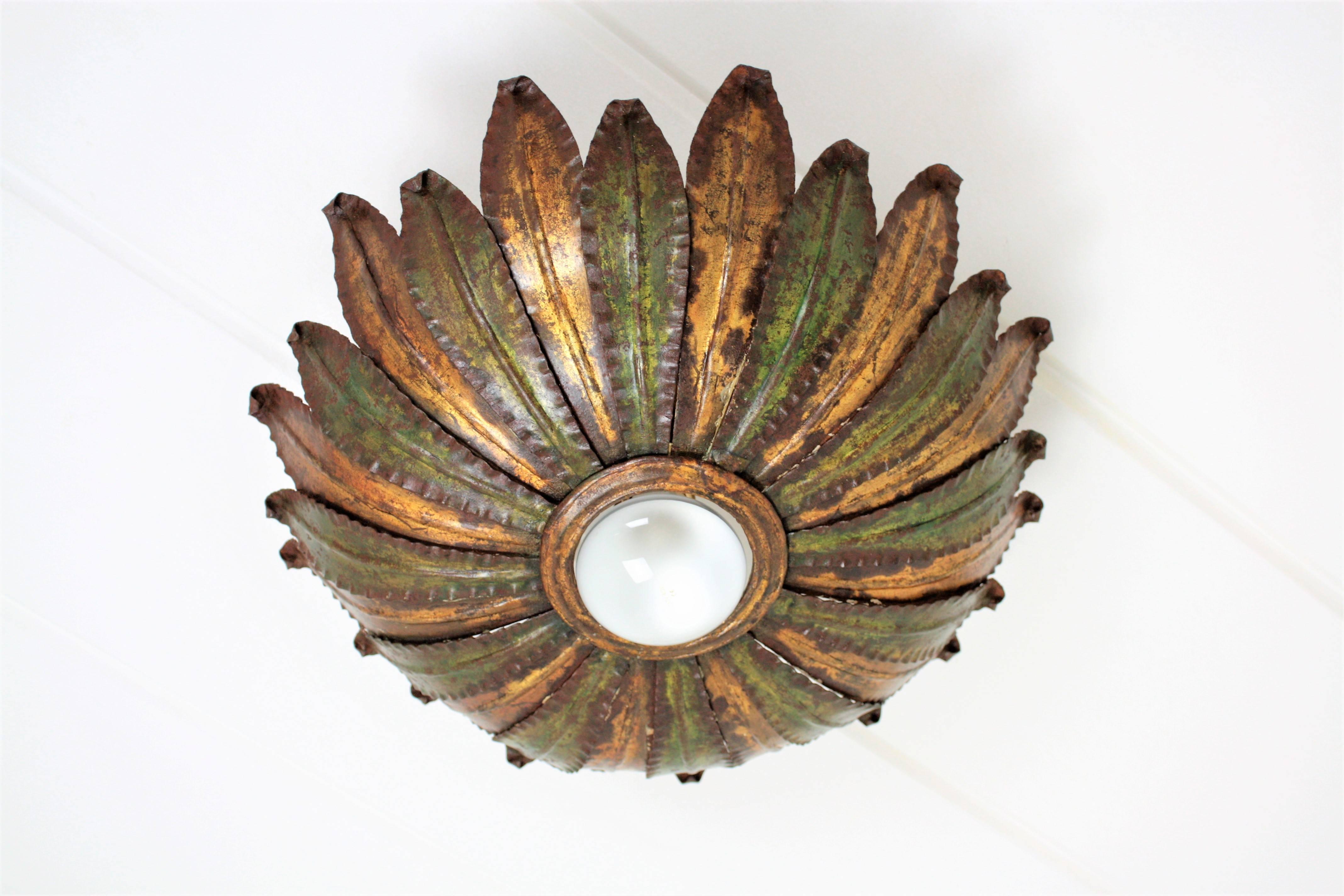 Unusual Spanish 1950s Gilt Iron and Green Sunburst Ceiling Light Fixture In Good Condition In Barcelona, ES