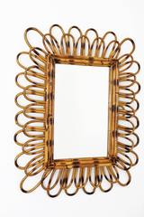 Spanish 1960s Rectangular Flower Burst Bamboo Rattan Mirror
