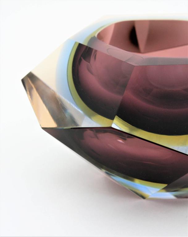 Art Glass 1950s Flavio Poli Garnet, Blue Yellow Faceted Murano Glass Giant Diamond Bowl