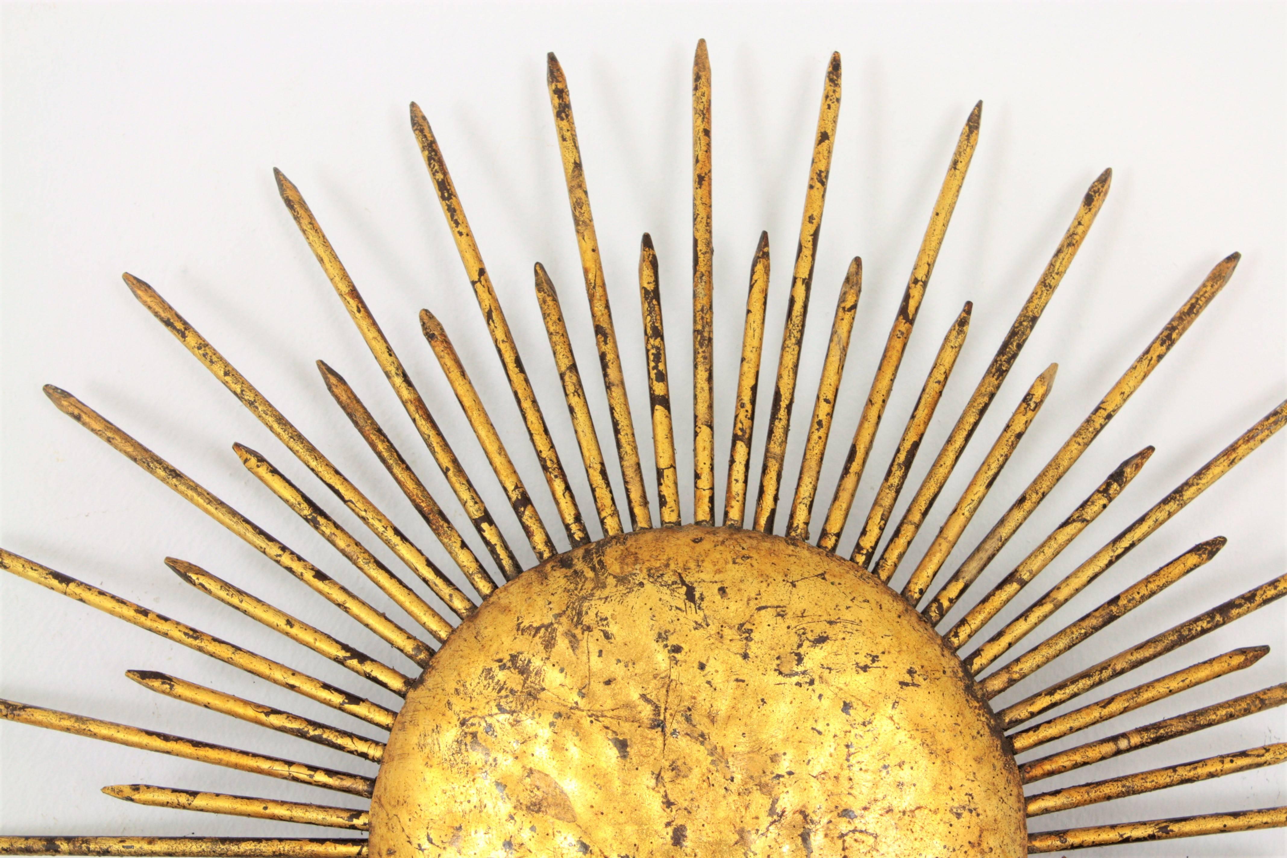 Mid-20th Century 1940s French Hand-Hammered Iron Gold Leaf Gilt Sunburst Light Fixture