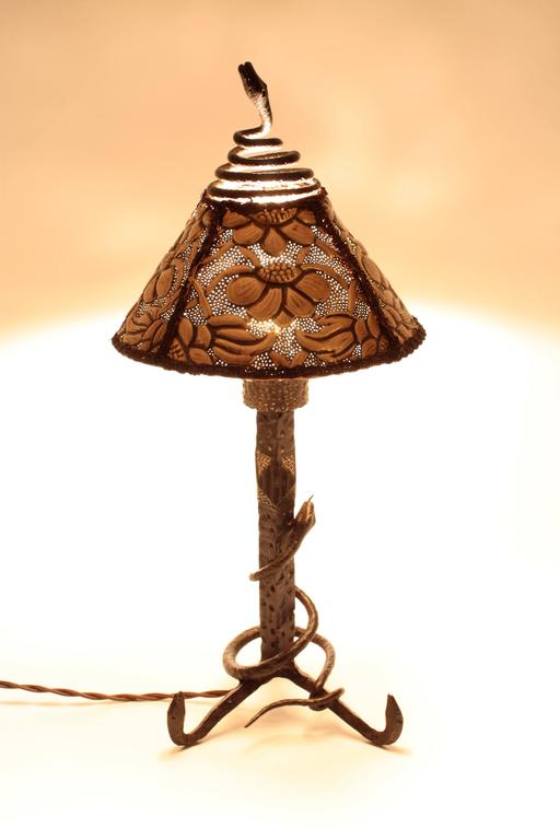 Antoni Gaudi Style Table Lamp in Hand Iron and Brass Repoussé at