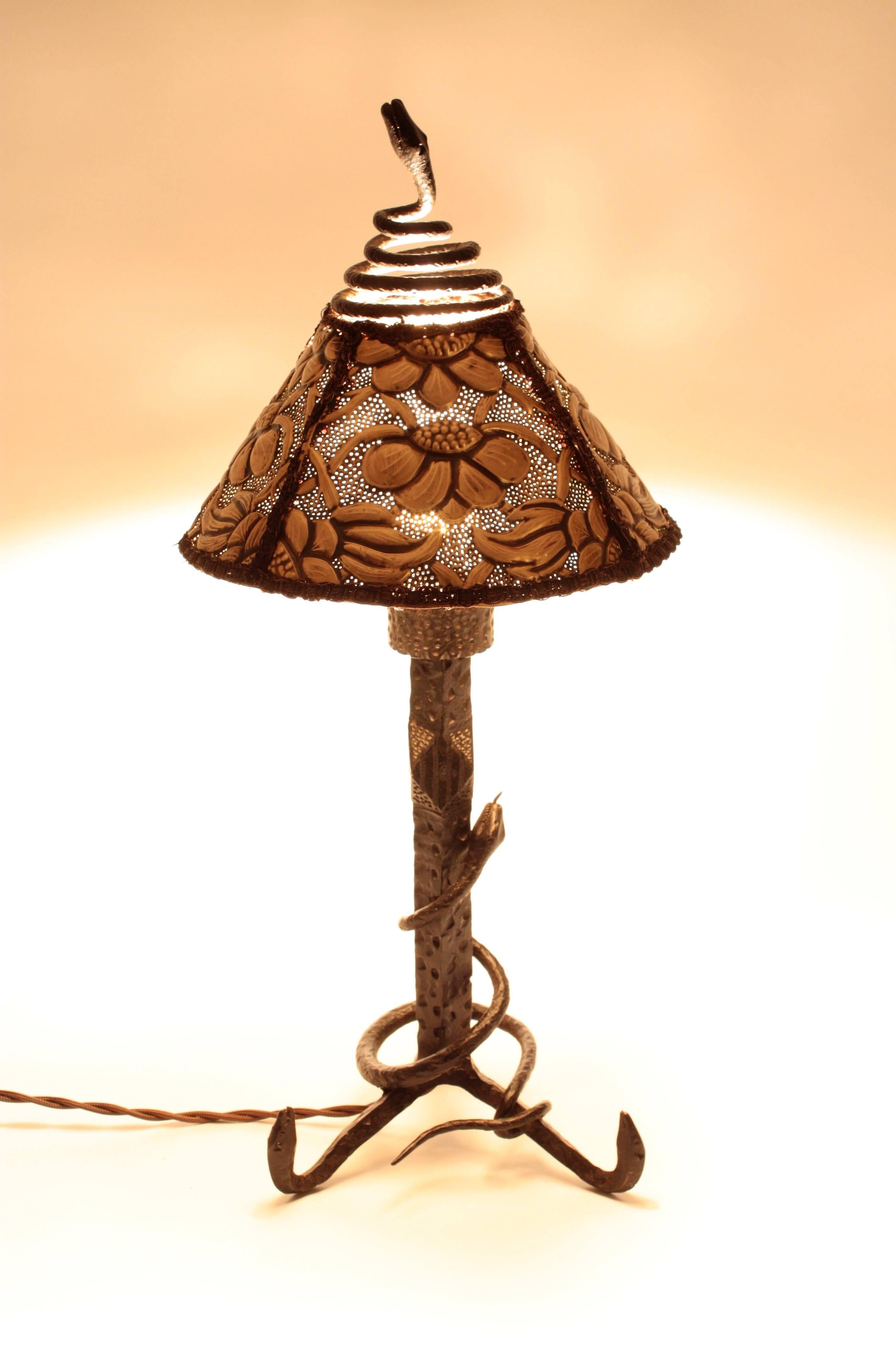 Art Nouveau Antoni Gaudi Style Table Lamp in Hand Forged Iron and Brass Repoussé