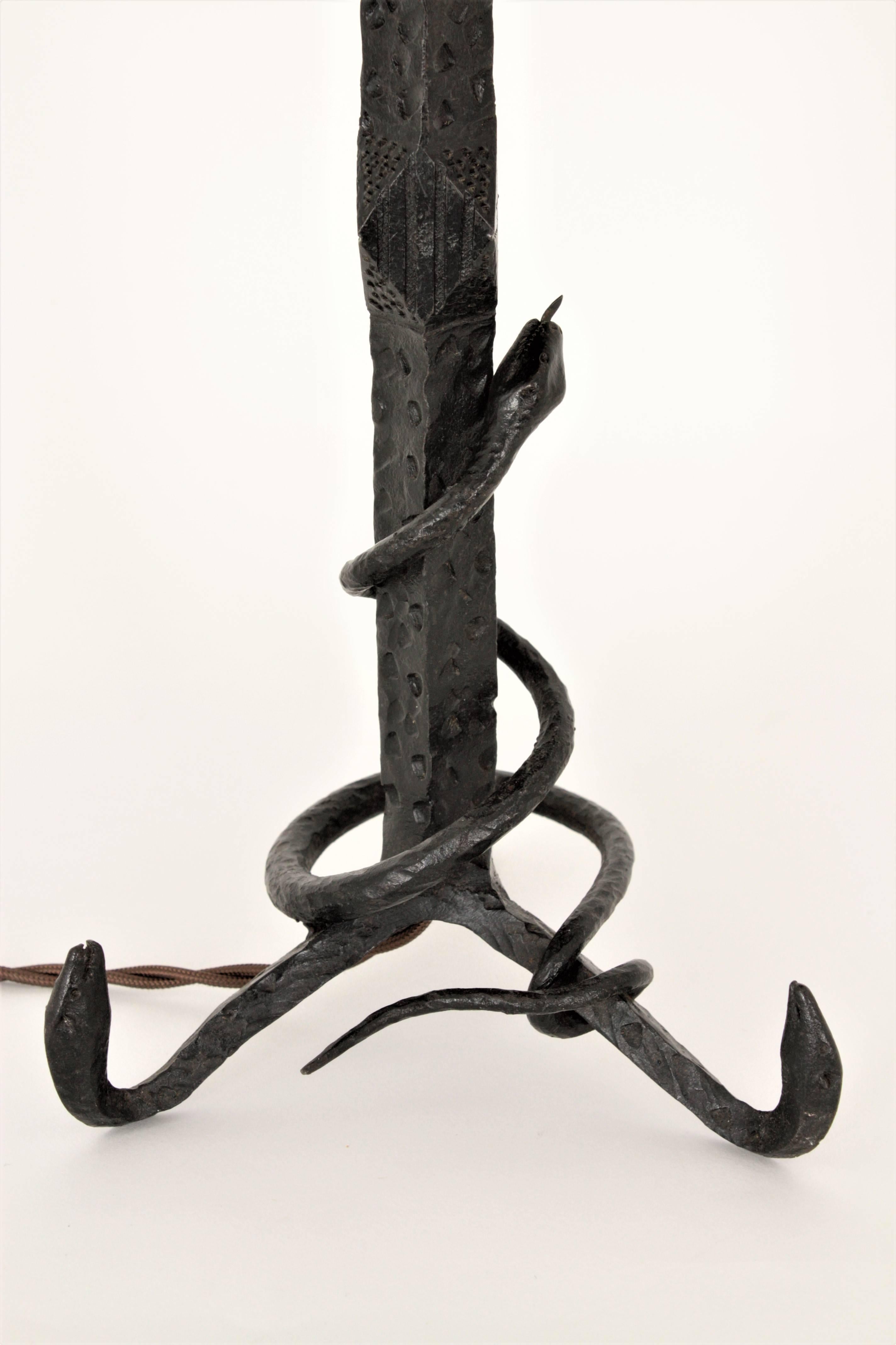 Spanish Antoni Gaudi Style Table Lamp in Hand Forged Iron and Brass Repoussé
