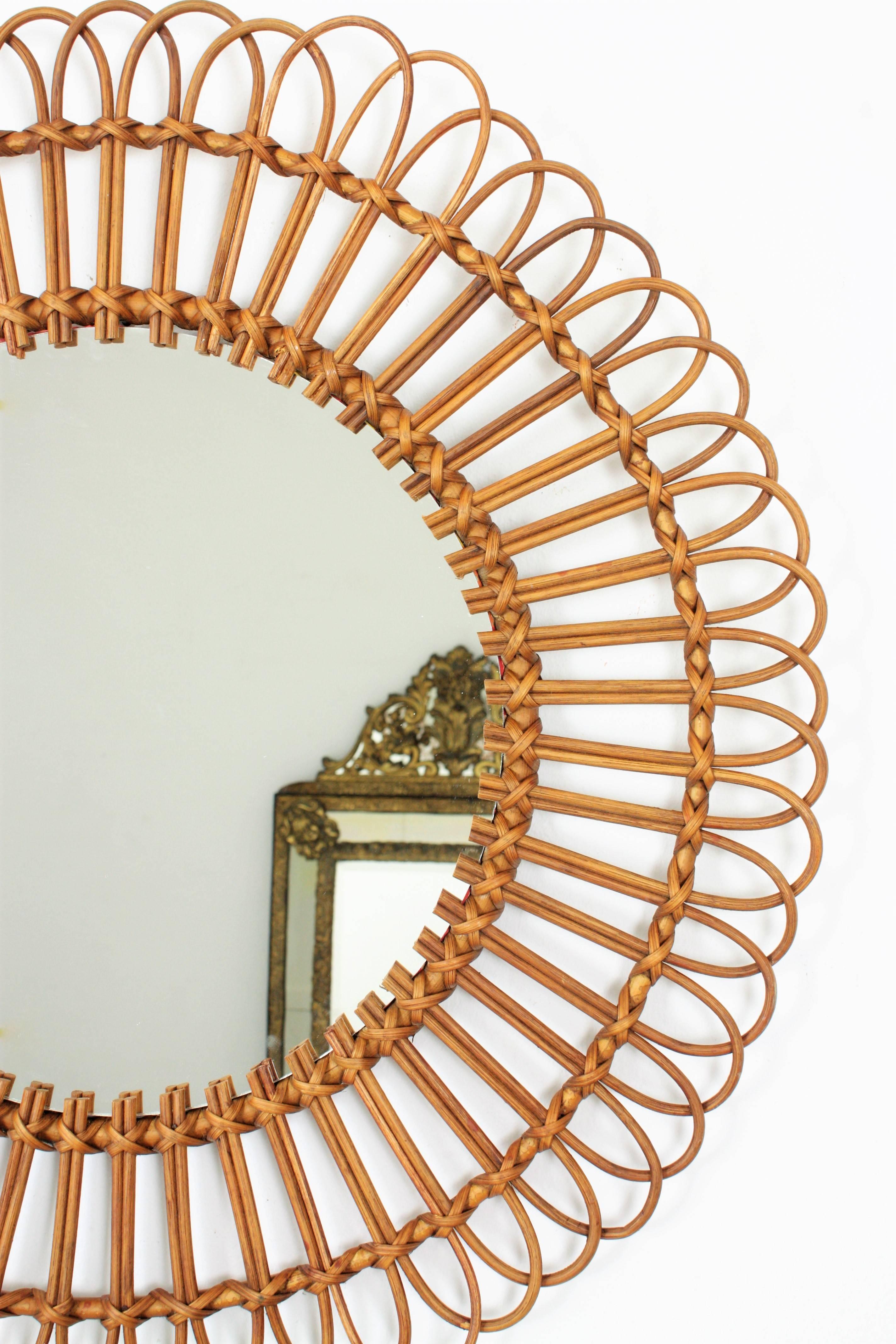 Mid-Century Modern Spanish 1960s Mediterranean Rattan Flower Burst Circular Mirror