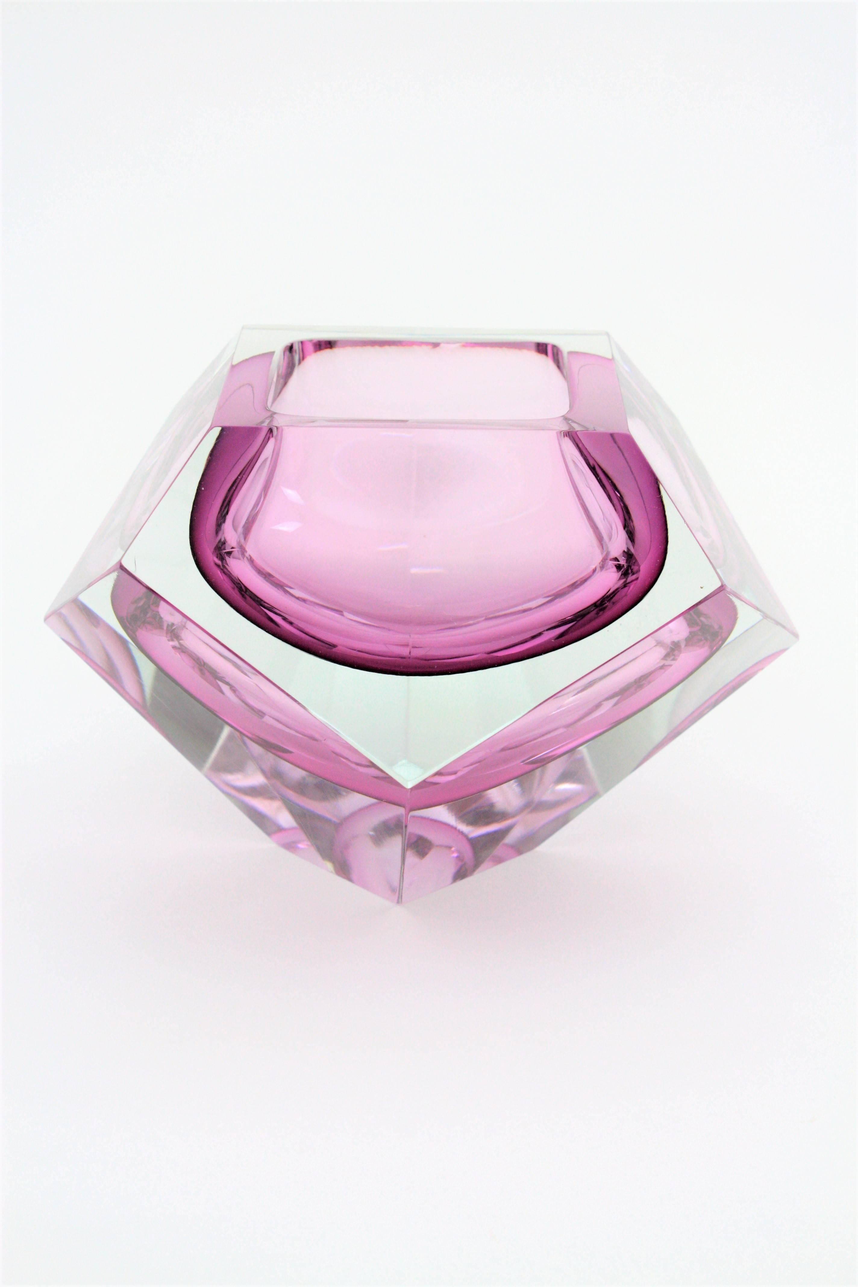 Italian Unusual Flavio Poli Cranberry Pink Sommerso Faceted Murano Glass Giant Bowl