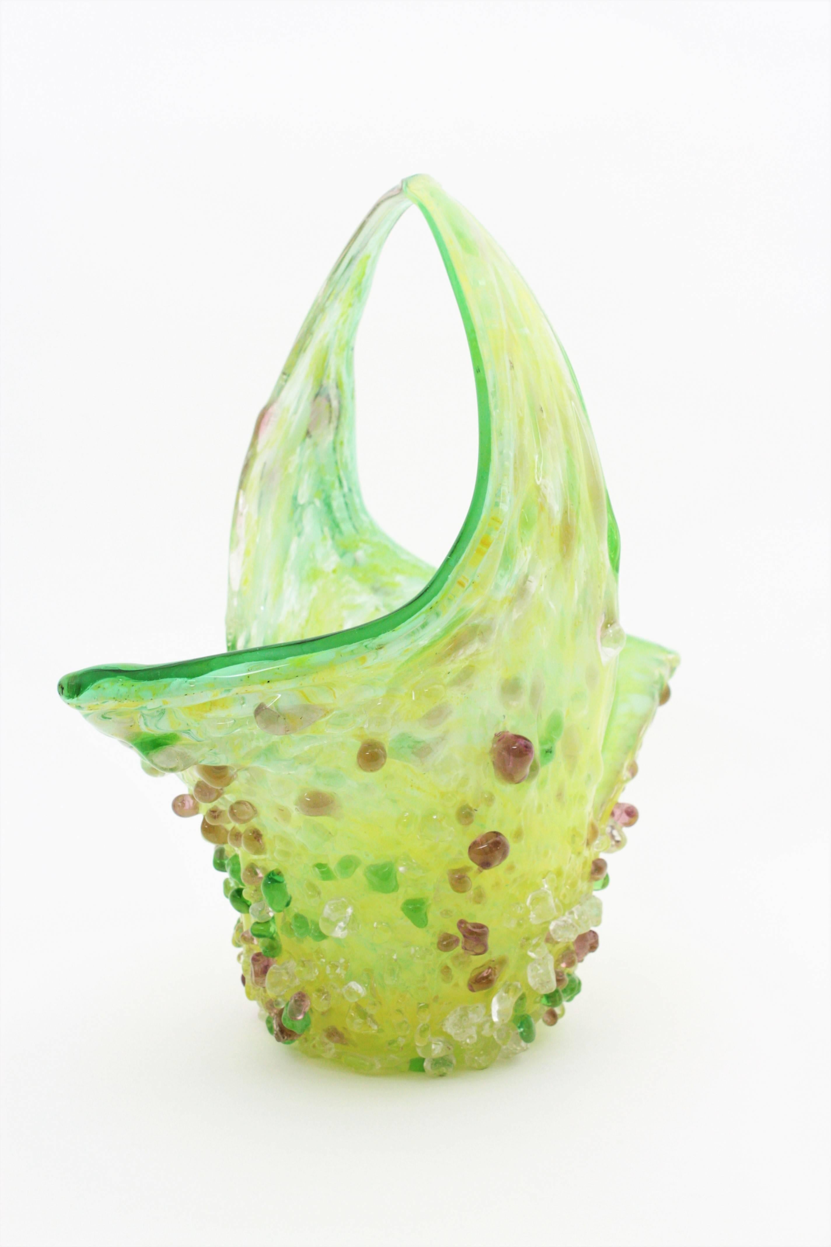 Lime Green and Yellow Murano Glass Basket Vase with Applied Pastel Color Drops 4