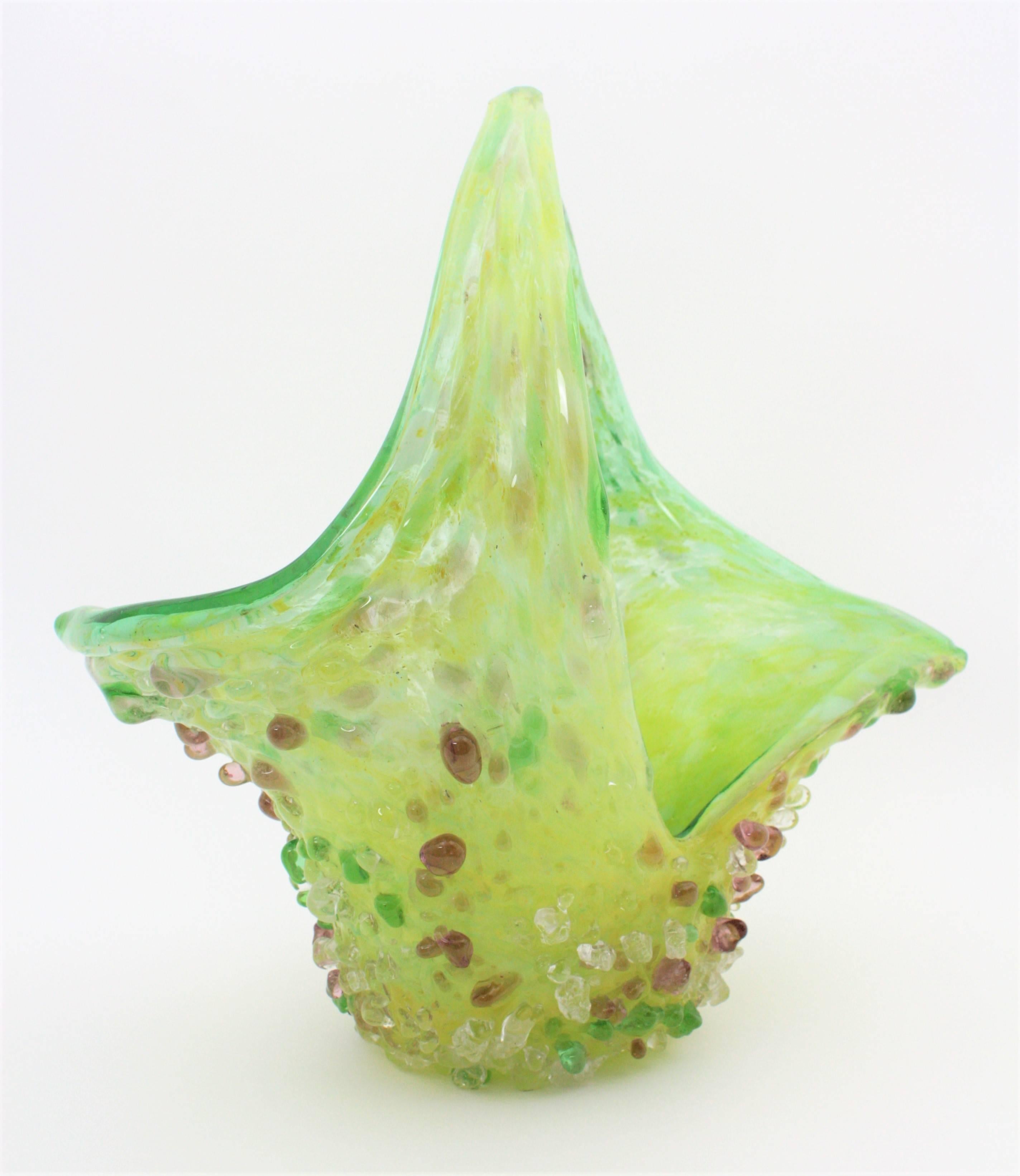 Mid-Century Modern Lime Green and Yellow Murano Glass Basket Vase with Applied Pastel Color Drops
