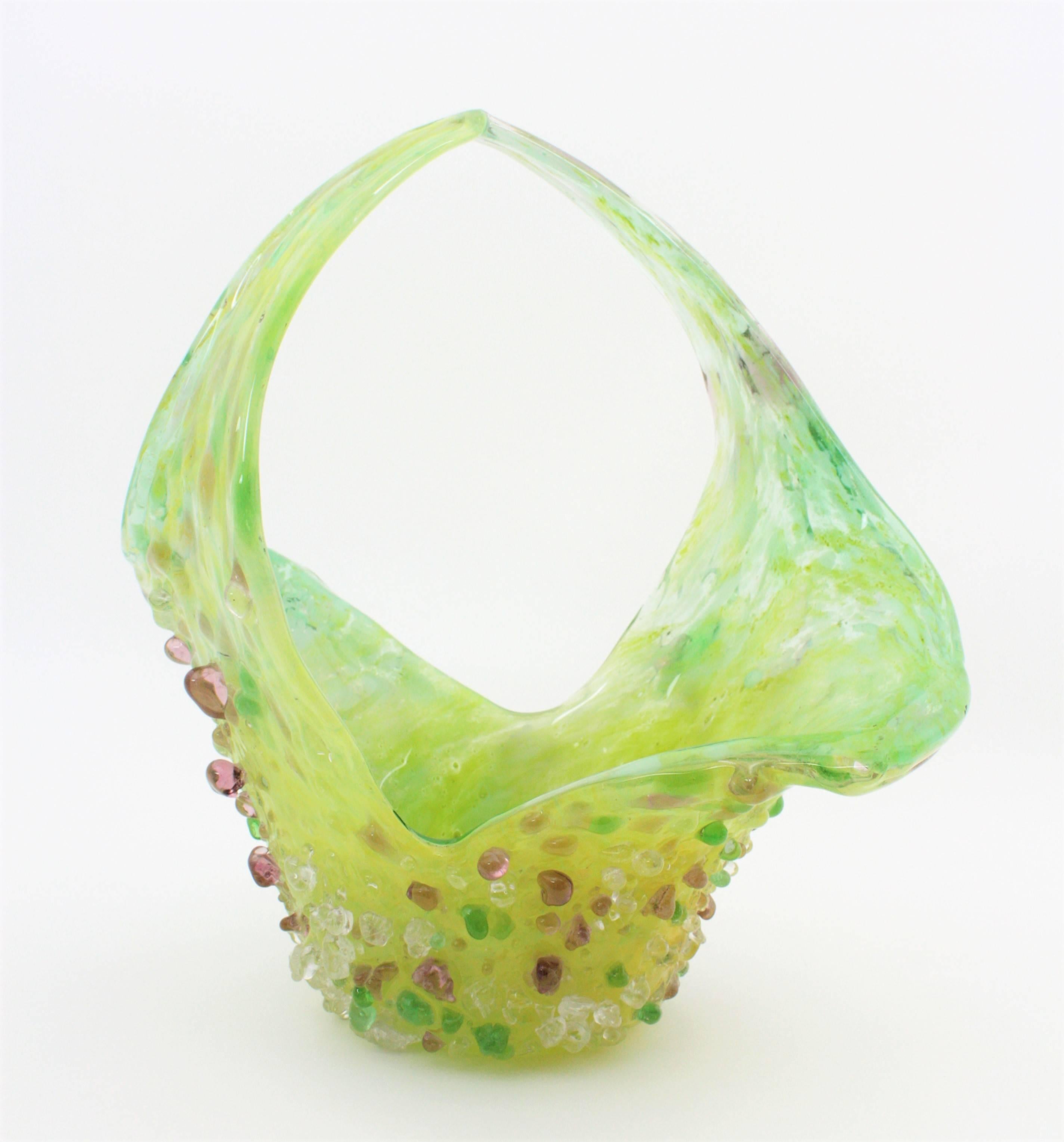 Lime Green and Yellow Murano Glass Basket Vase with Applied Pastel Color Drops 1