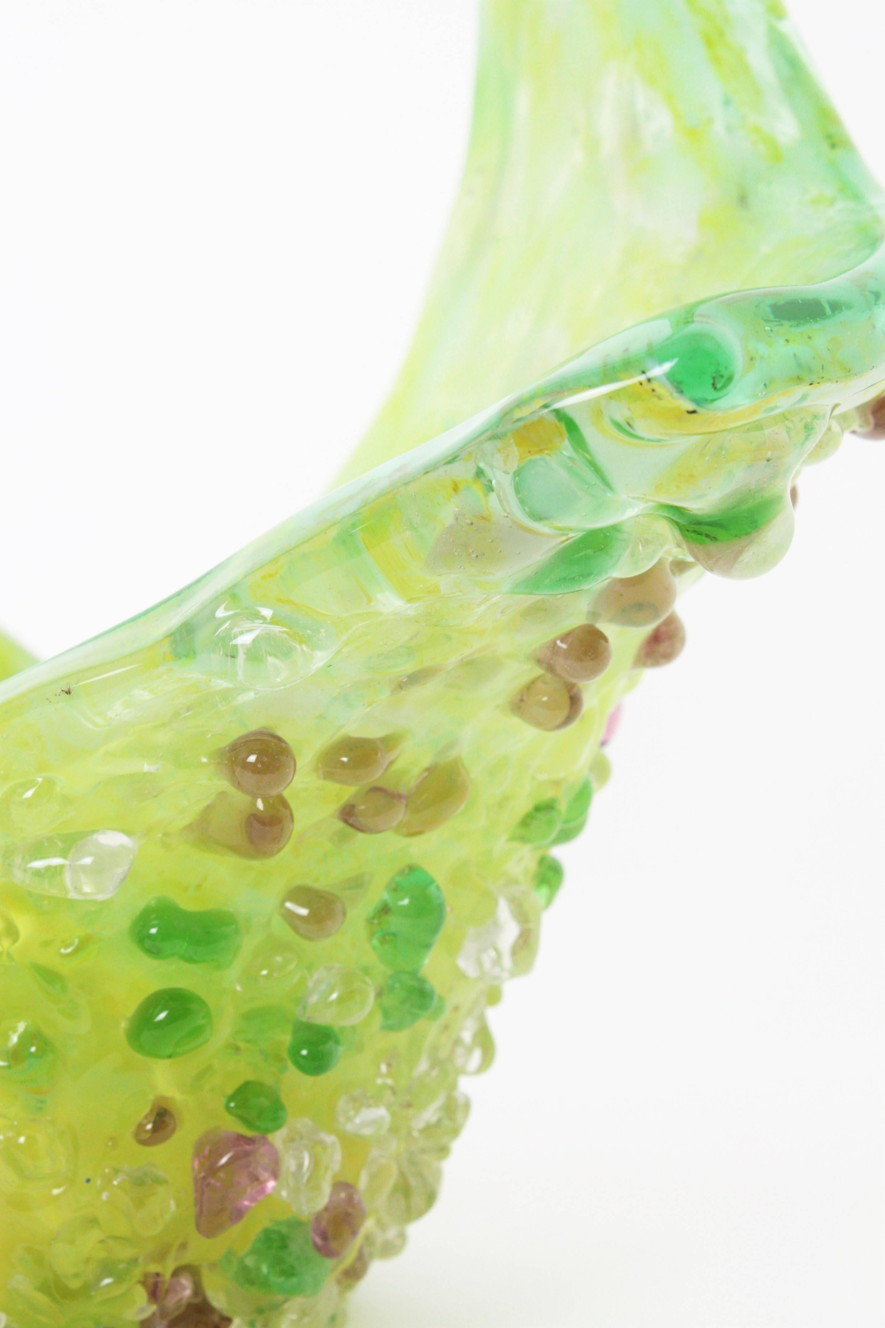 Lime Green and Yellow Murano Glass Basket Vase with Applied Pastel Color Drops 3