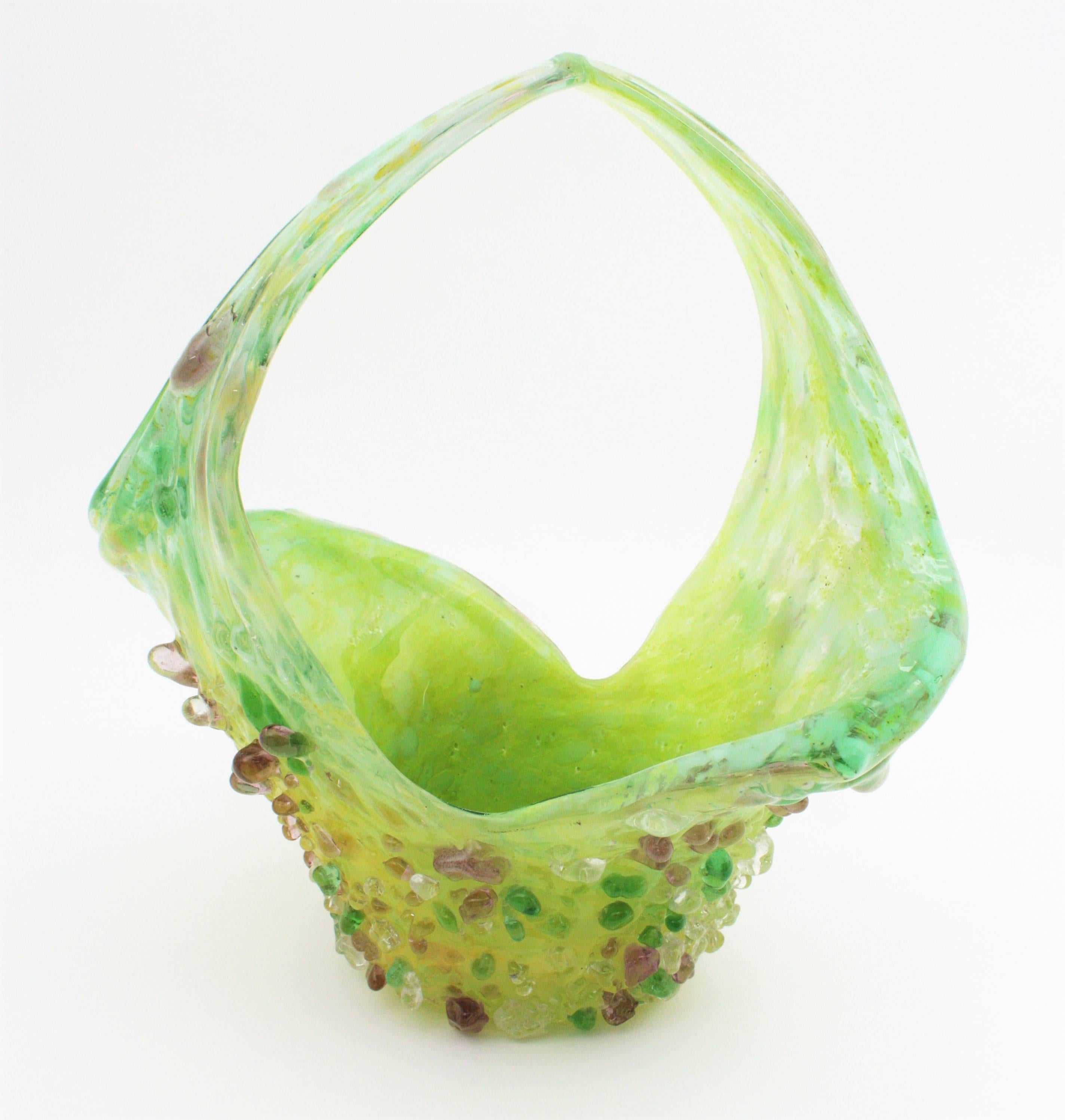 20th Century Lime Green and Yellow Murano Glass Basket Vase with Applied Pastel Color Drops