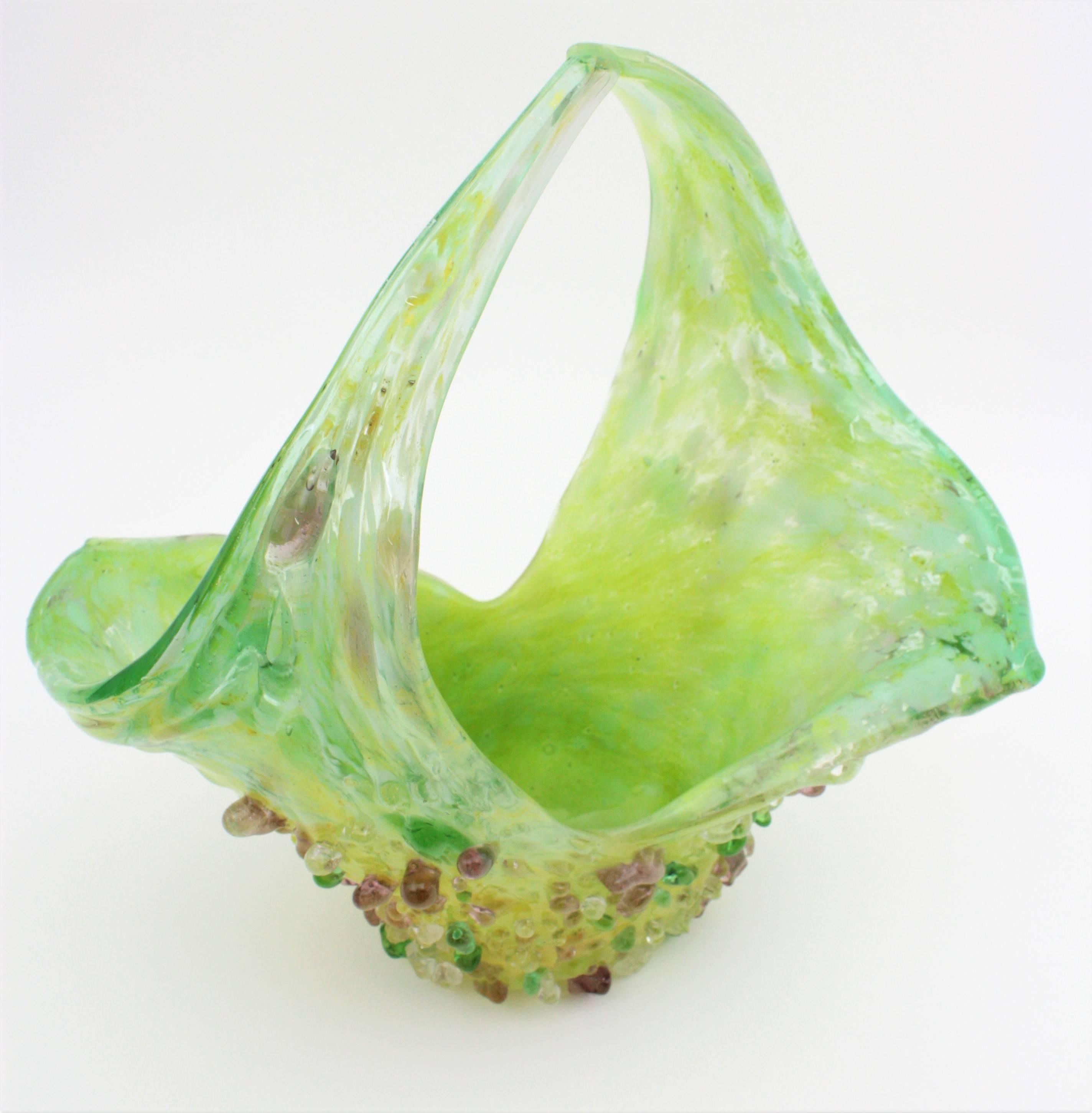 Lime Green and Yellow Murano Glass Basket Vase with Applied Pastel Color Drops In Excellent Condition In Barcelona, ES