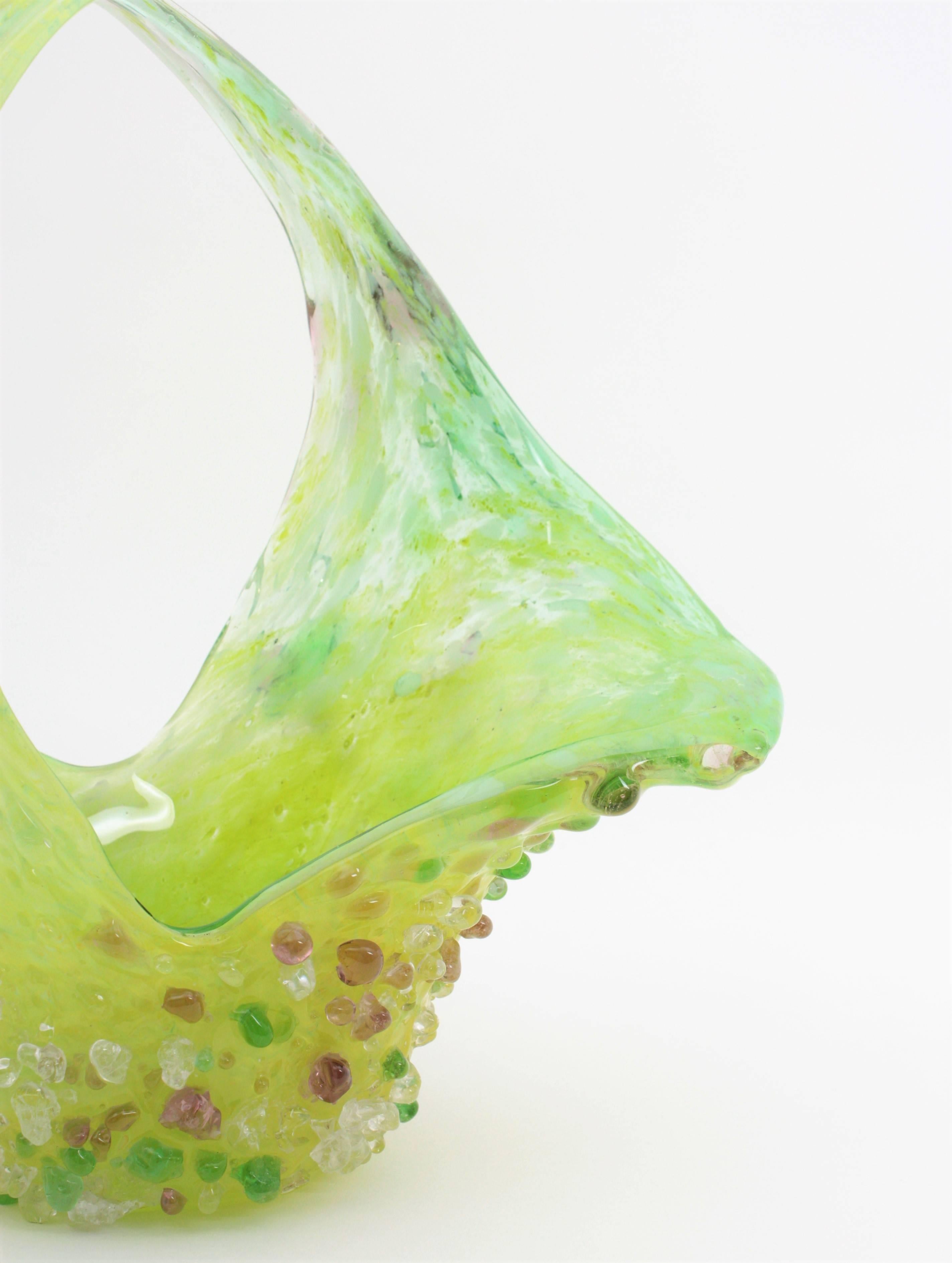 Lime Green and Yellow Murano Glass Basket Vase with Applied Pastel Color Drops 2