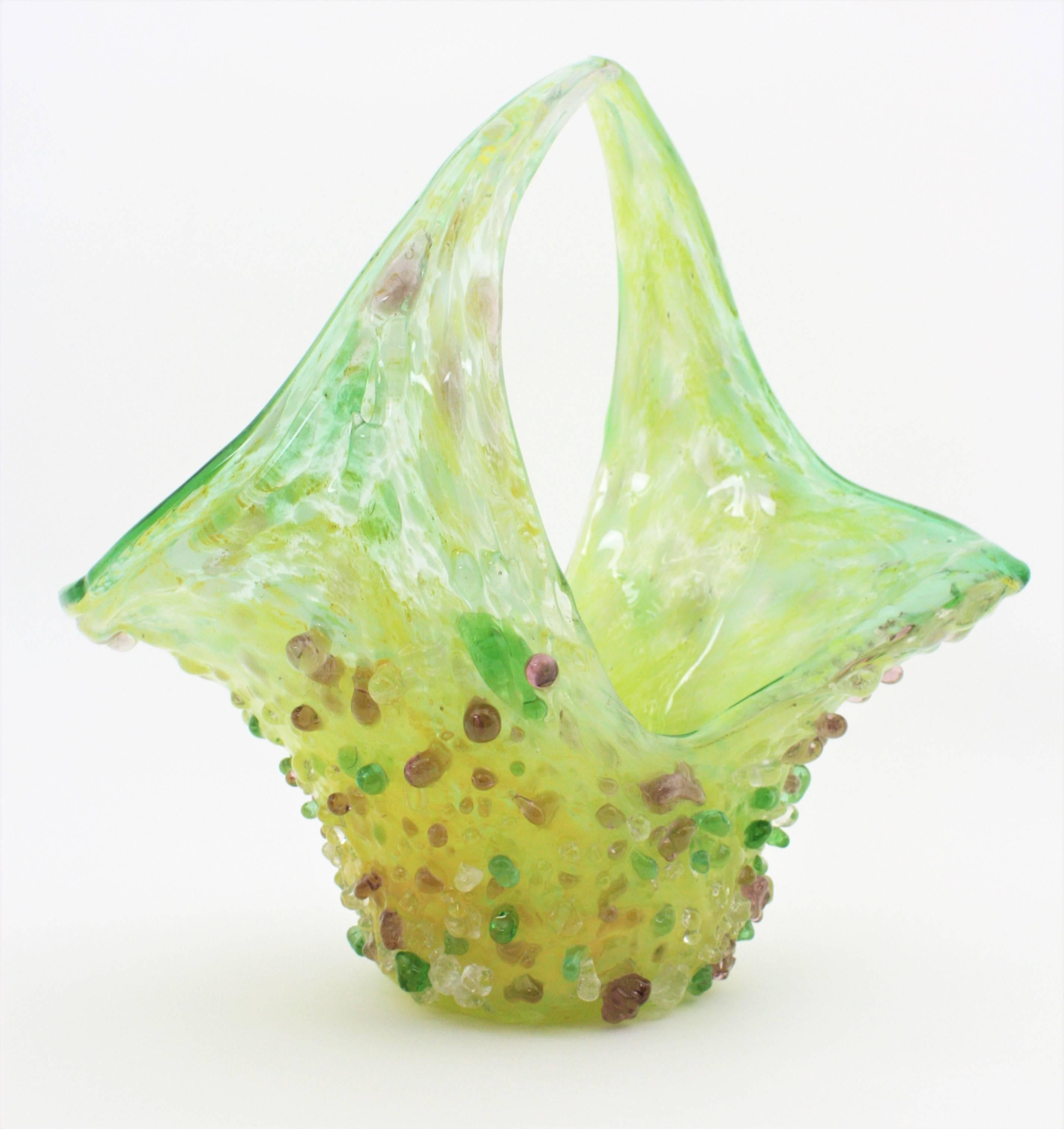 Italian Lime Green and Yellow Murano Glass Basket Vase with Applied Pastel Color Drops