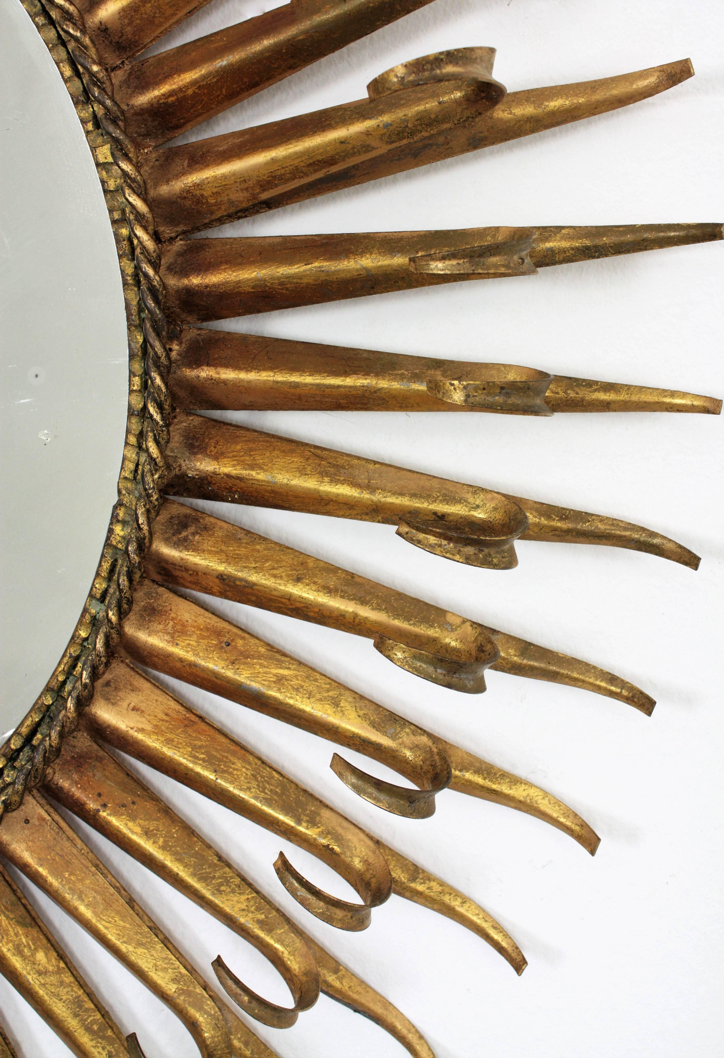 Mid-20th Century French 1960s Gilt Iron Eyelash Double Layered Round Sunburst Mirror