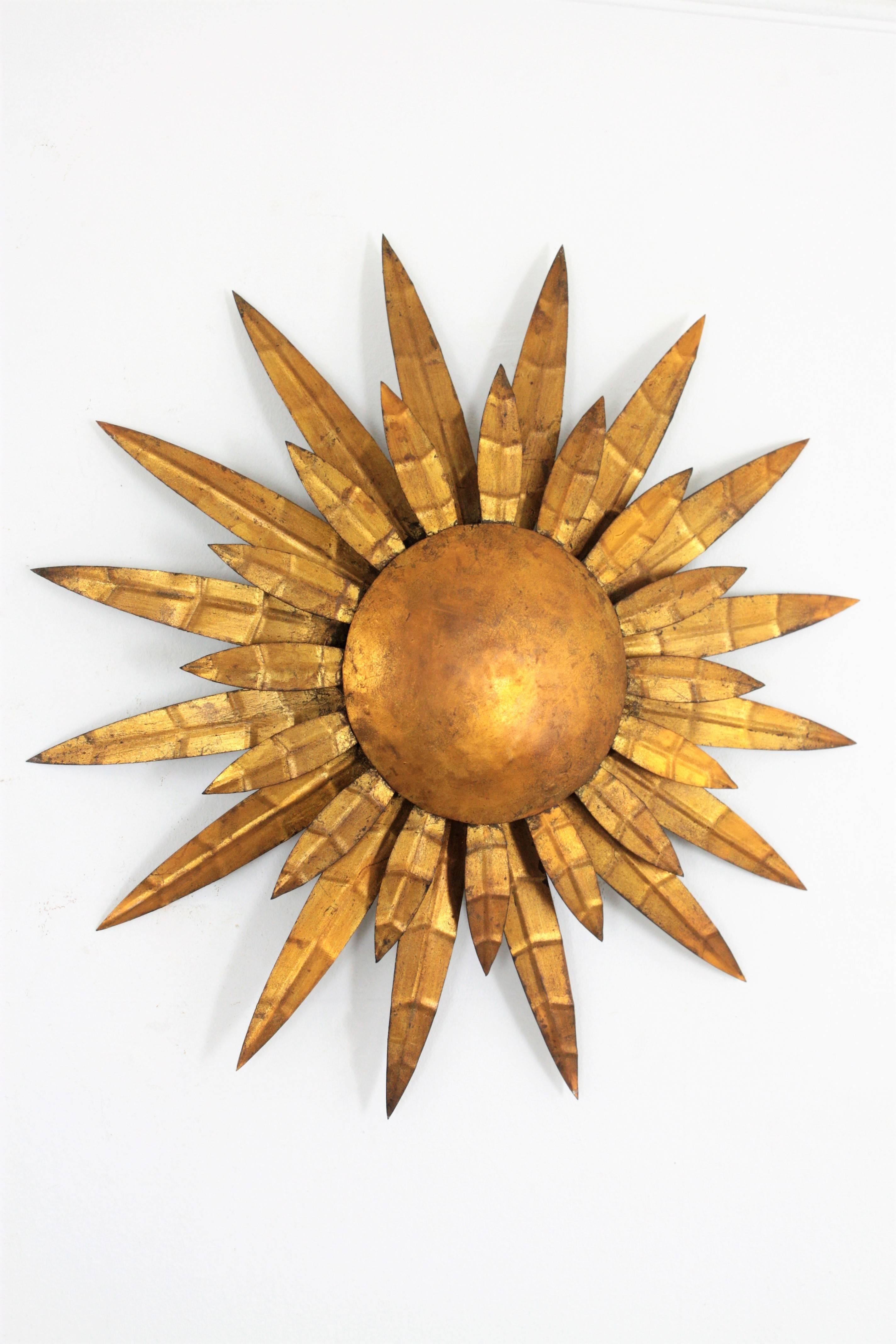 Hollywood Regency French 1950s Gilt Iron Sunburst Ceiling Sconce Wall Light or Wall Decoration