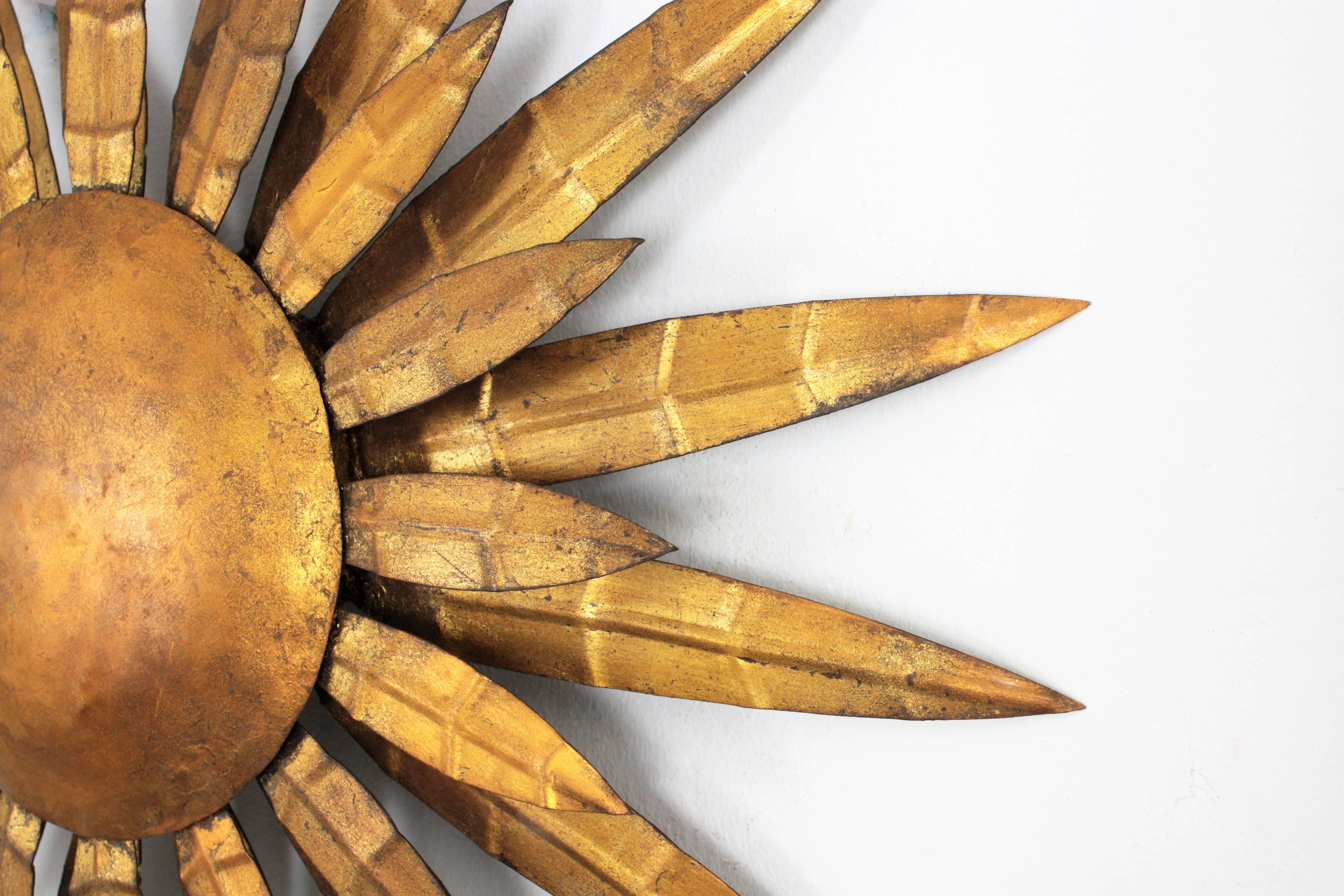 20th Century French 1950s Gilt Iron Sunburst Ceiling Sconce Wall Light or Wall Decoration