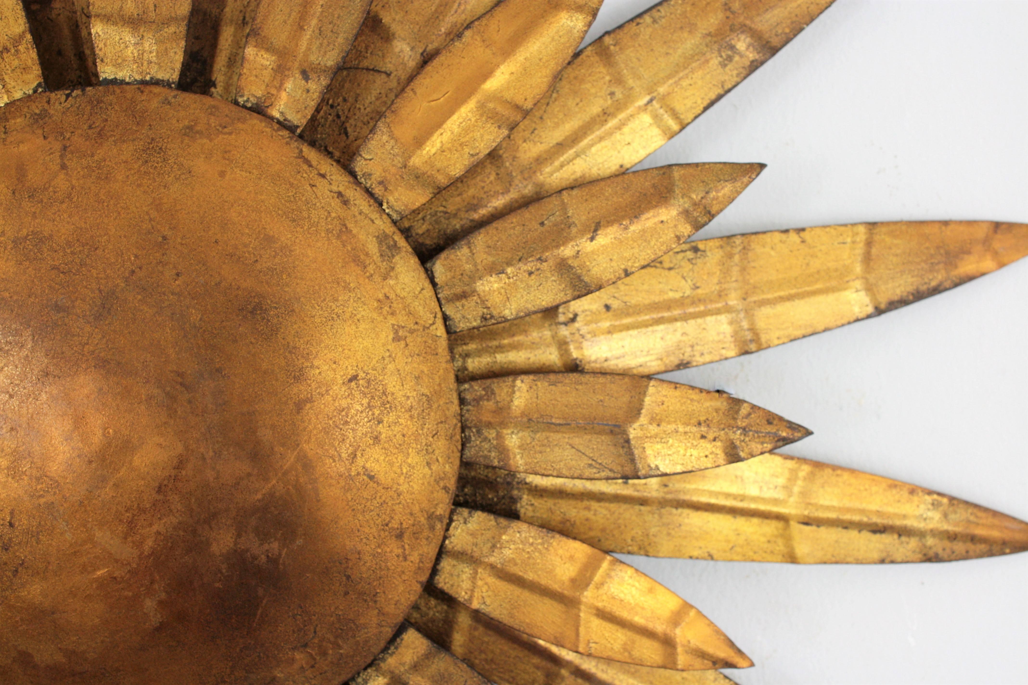 French 1950s Gilt Iron Sunburst Ceiling Sconce Wall Light or Wall Decoration 1