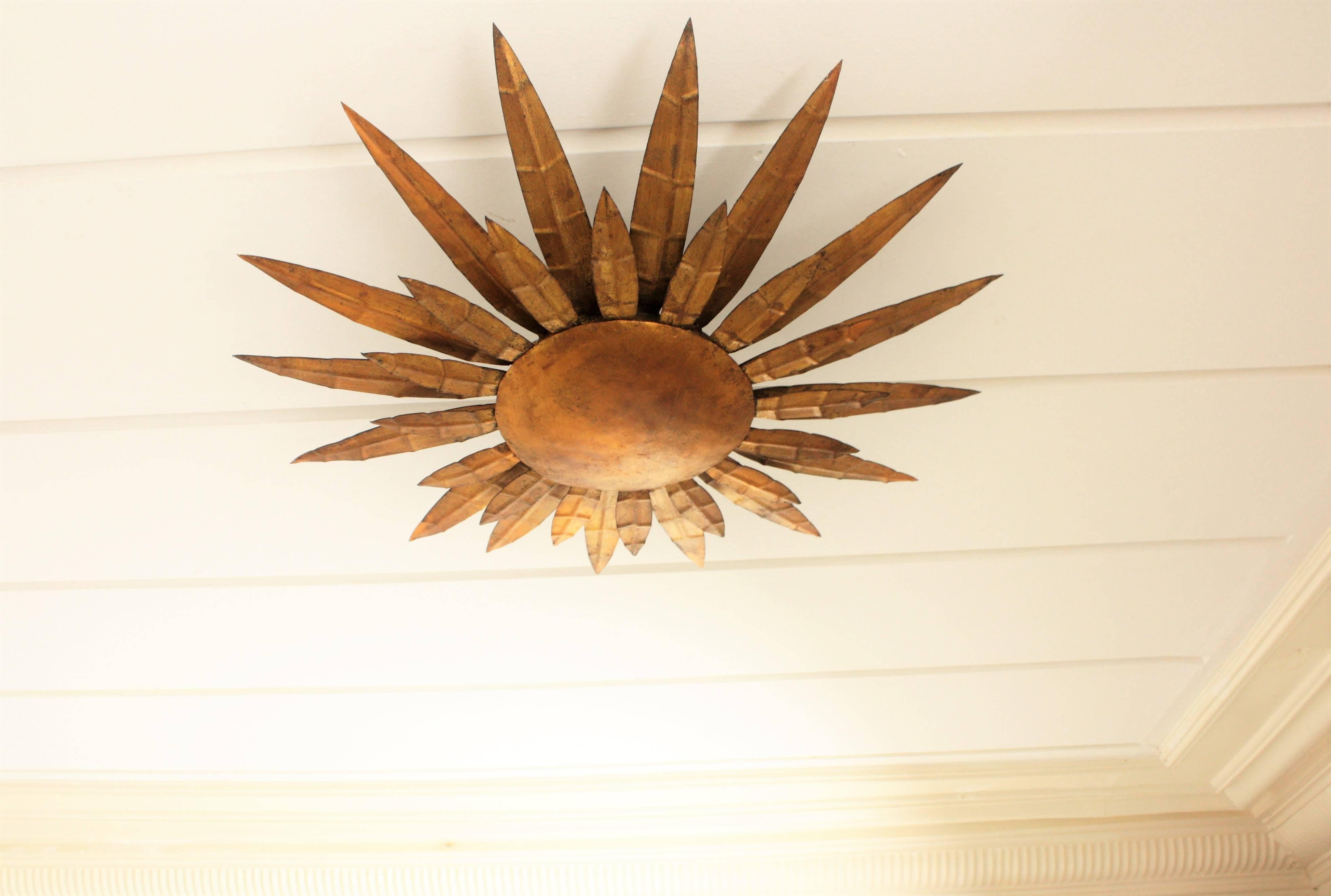 French 1950s Gilt Iron Sunburst Ceiling Sconce Wall Light or Wall Decoration 2