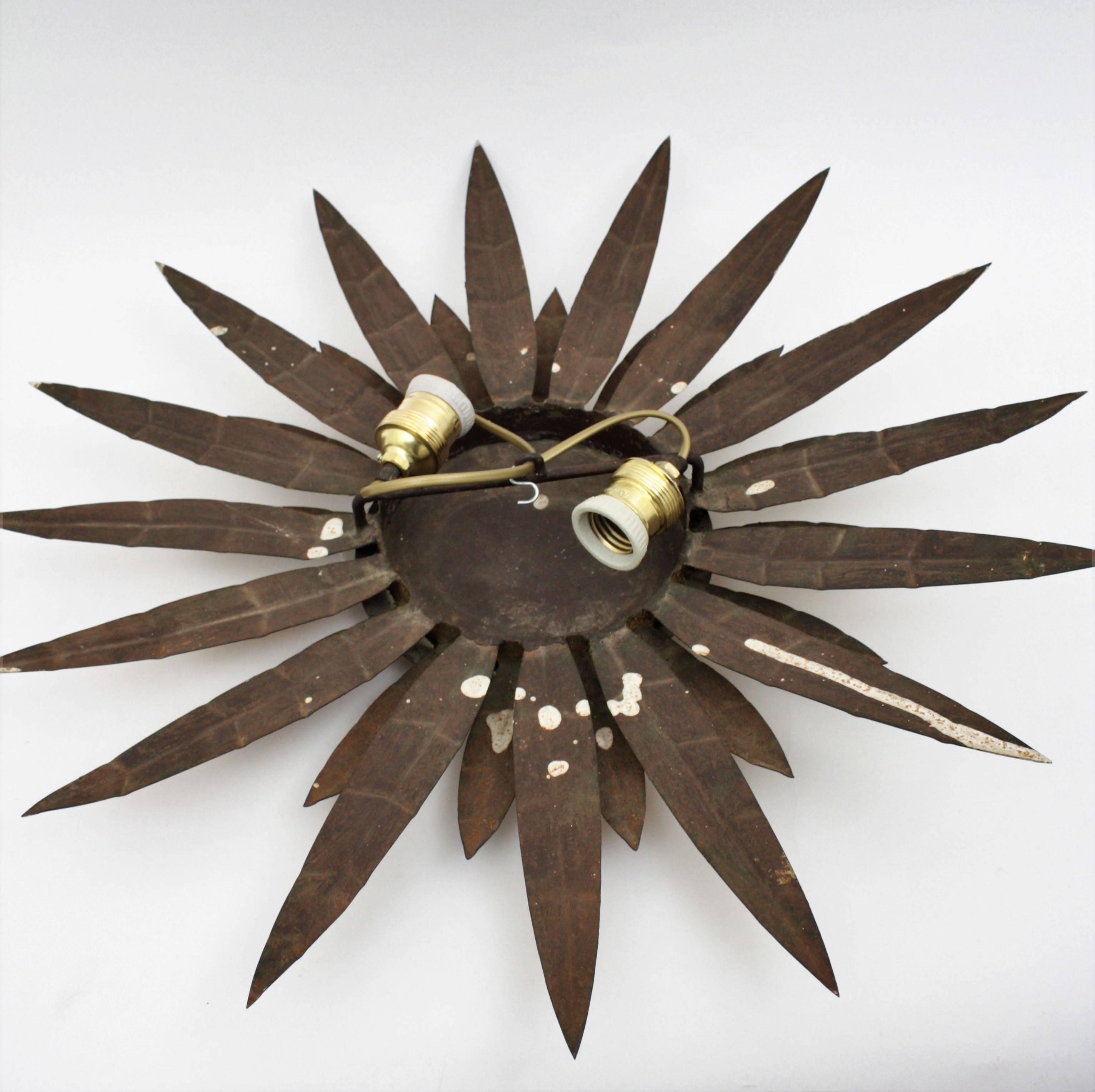 French 1950s Gilt Iron Sunburst Ceiling Sconce Wall Light or Wall Decoration 3